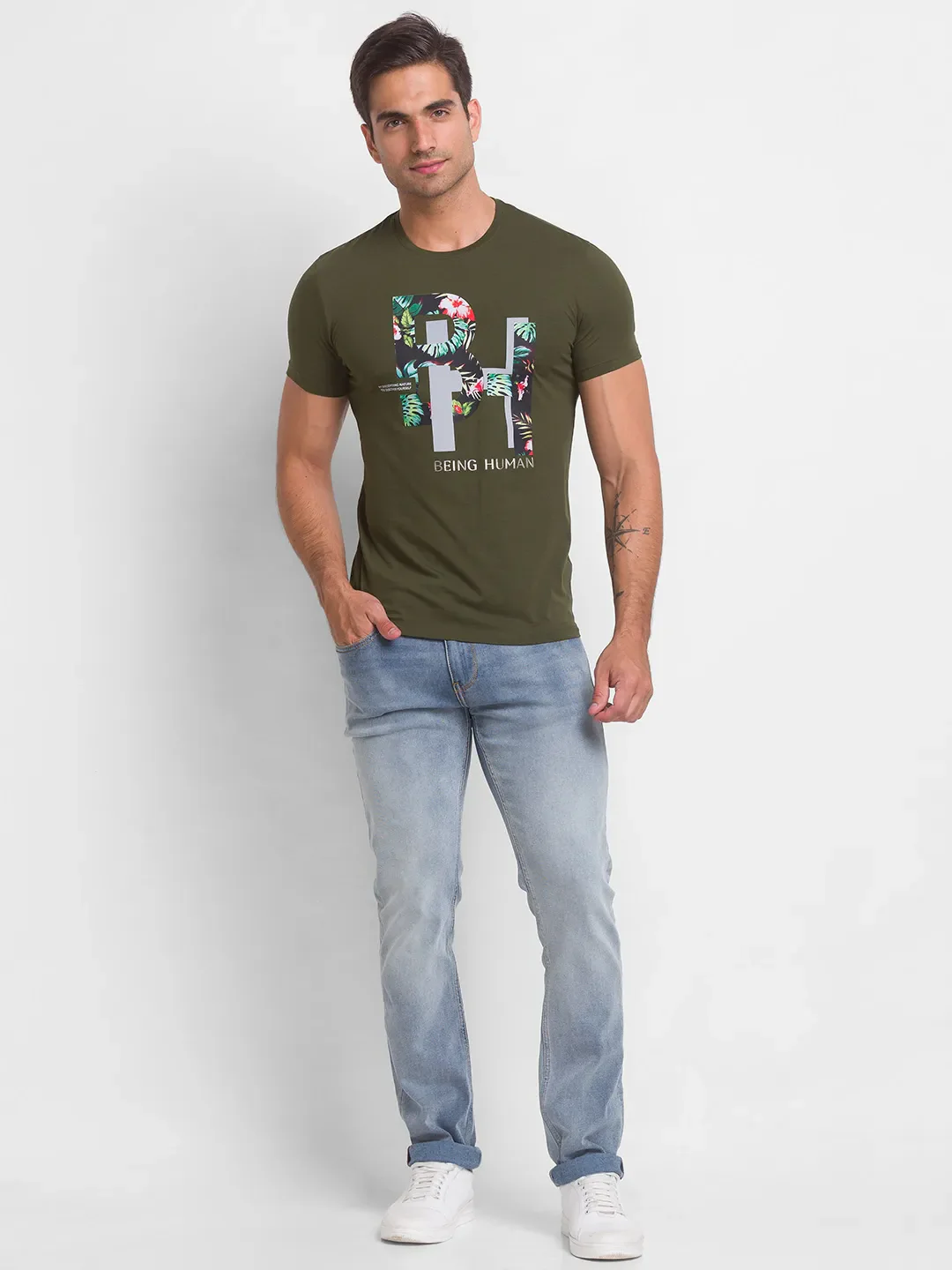 Dark Olive Regular Fit Round Neck Men's T-Shirt by Being Human Clothing - Image 5