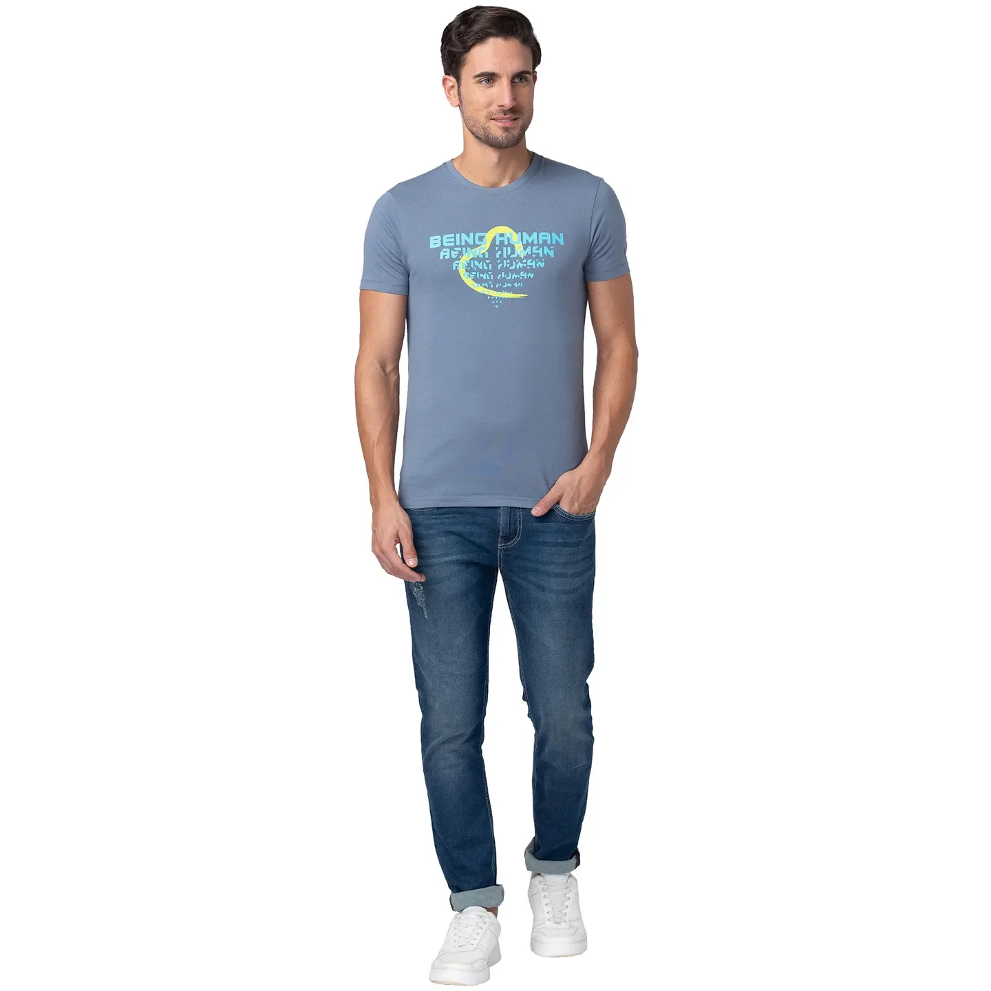 Blue Regular Fit Men's Short Sleeves T-Shirt by Being Human Clothing - Image 2