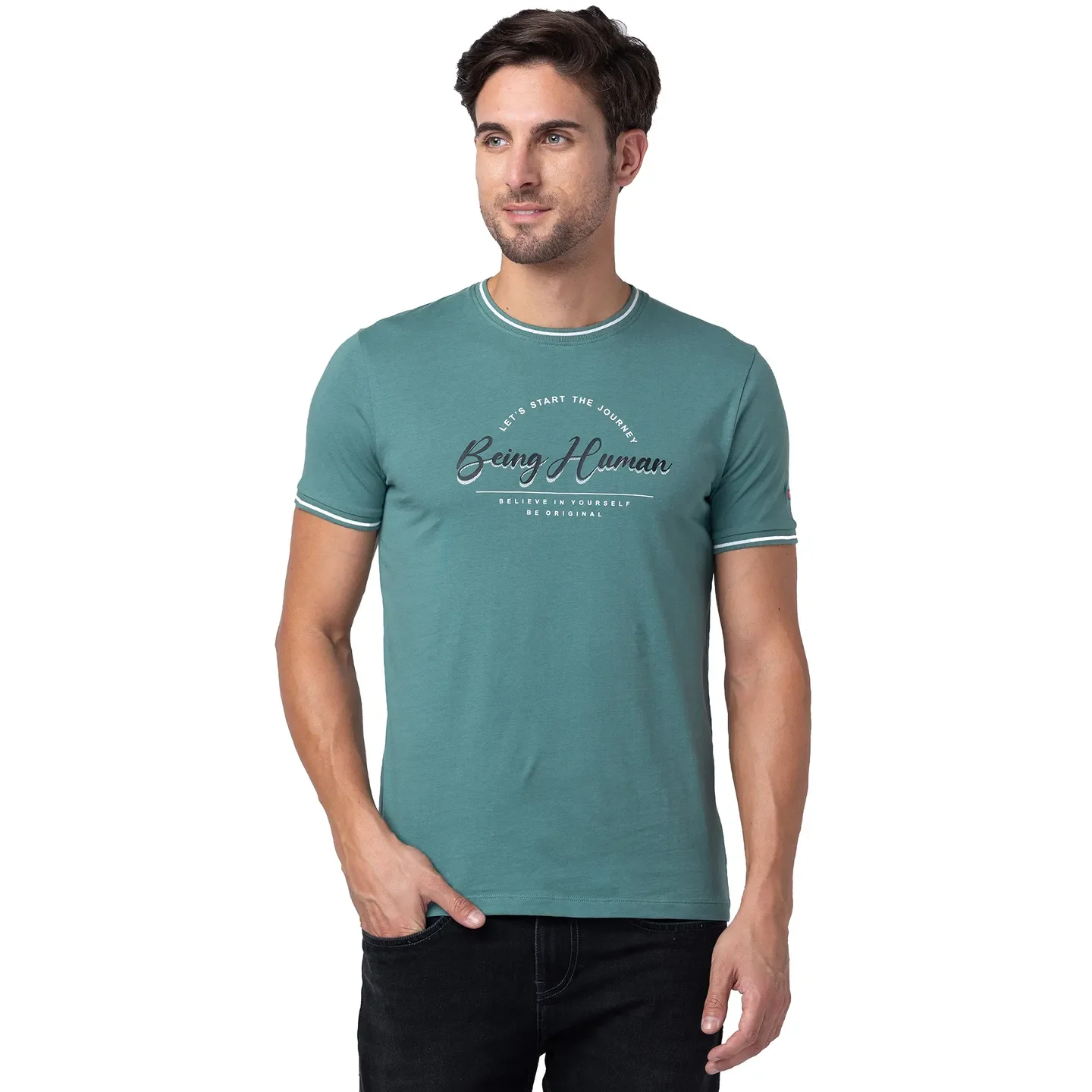 Foliage Green Regular Fit Round Neck Men's T-Shirt by Being Human Clothing
