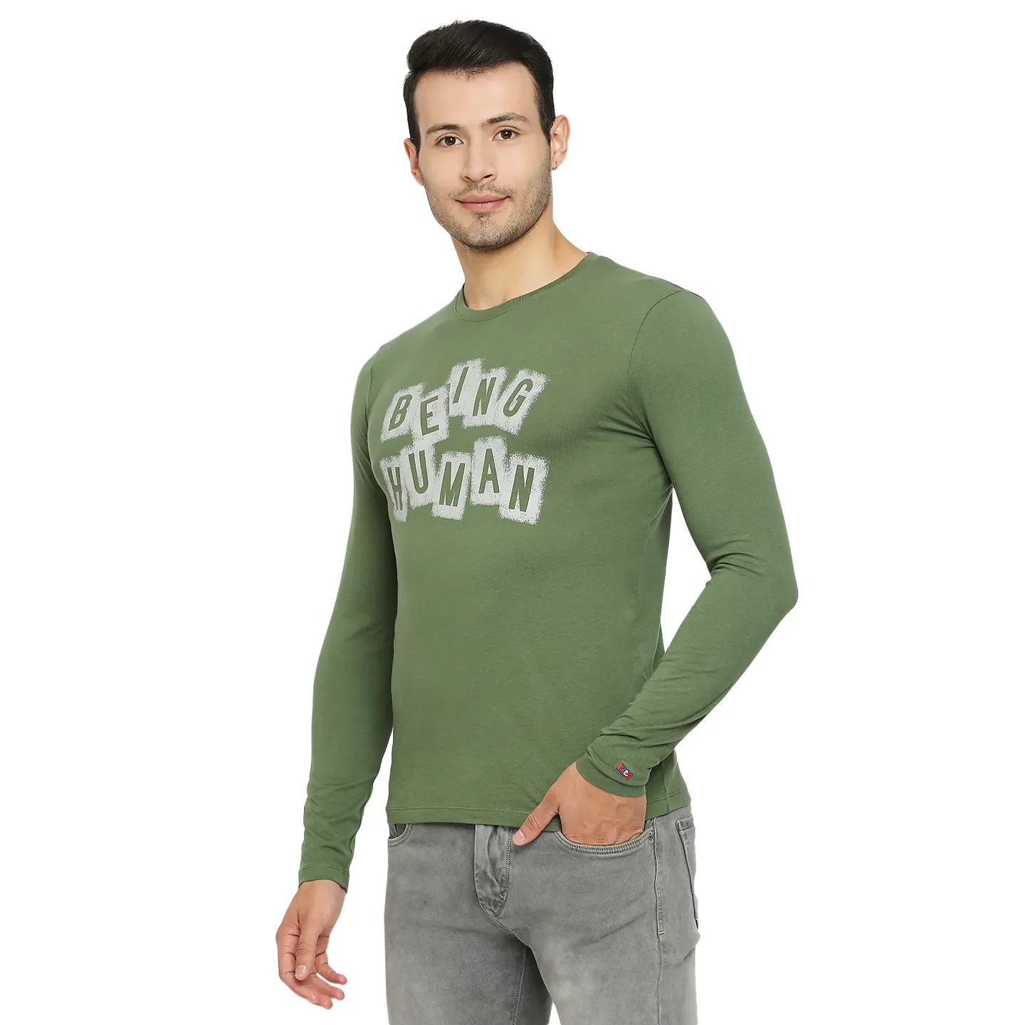Green Regular Fit Men's Long Sleeves T-Shirt by Being Human Clothing - Image 3