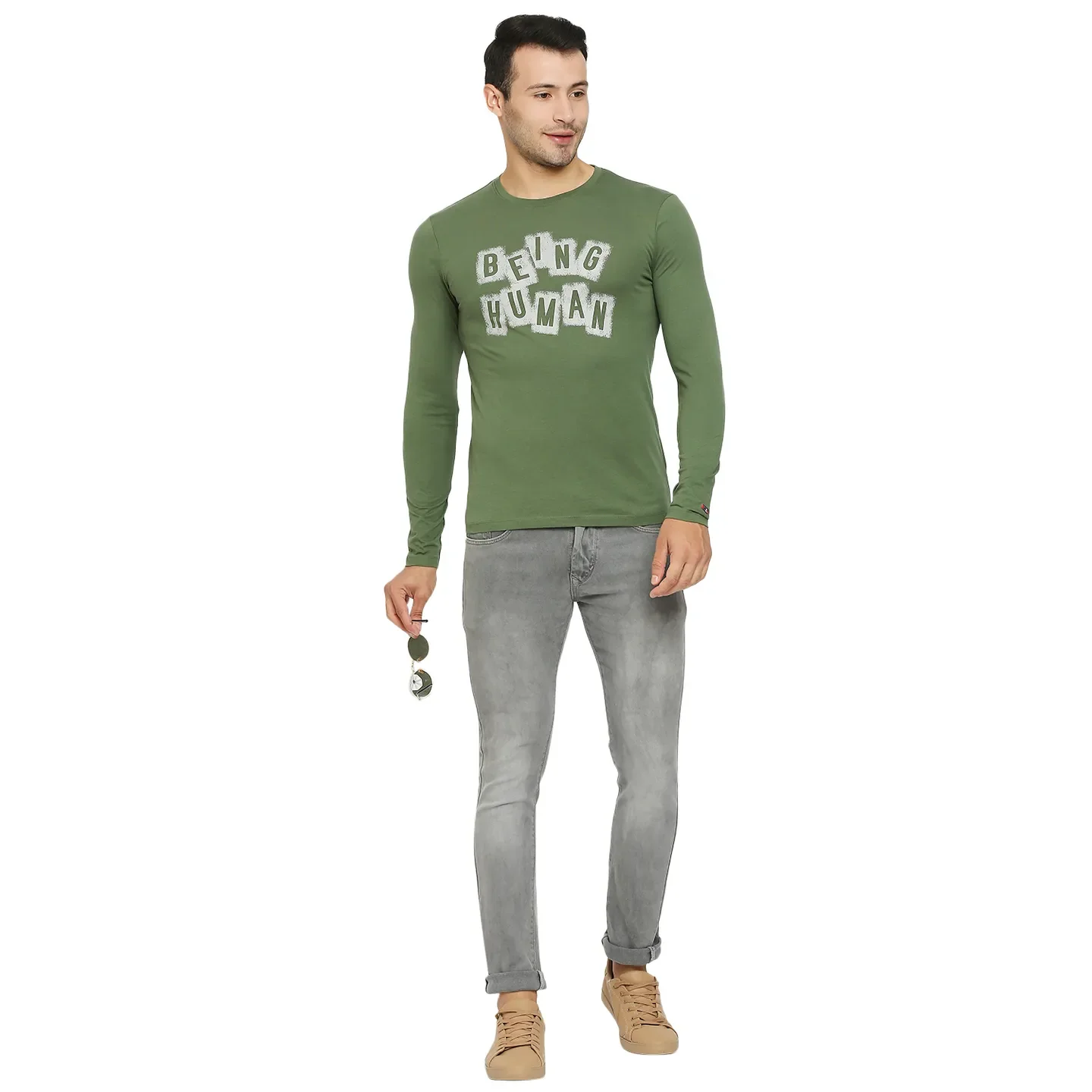 Green Regular Fit Men's Long Sleeves T-Shirt by Being Human Clothing - Image 6
