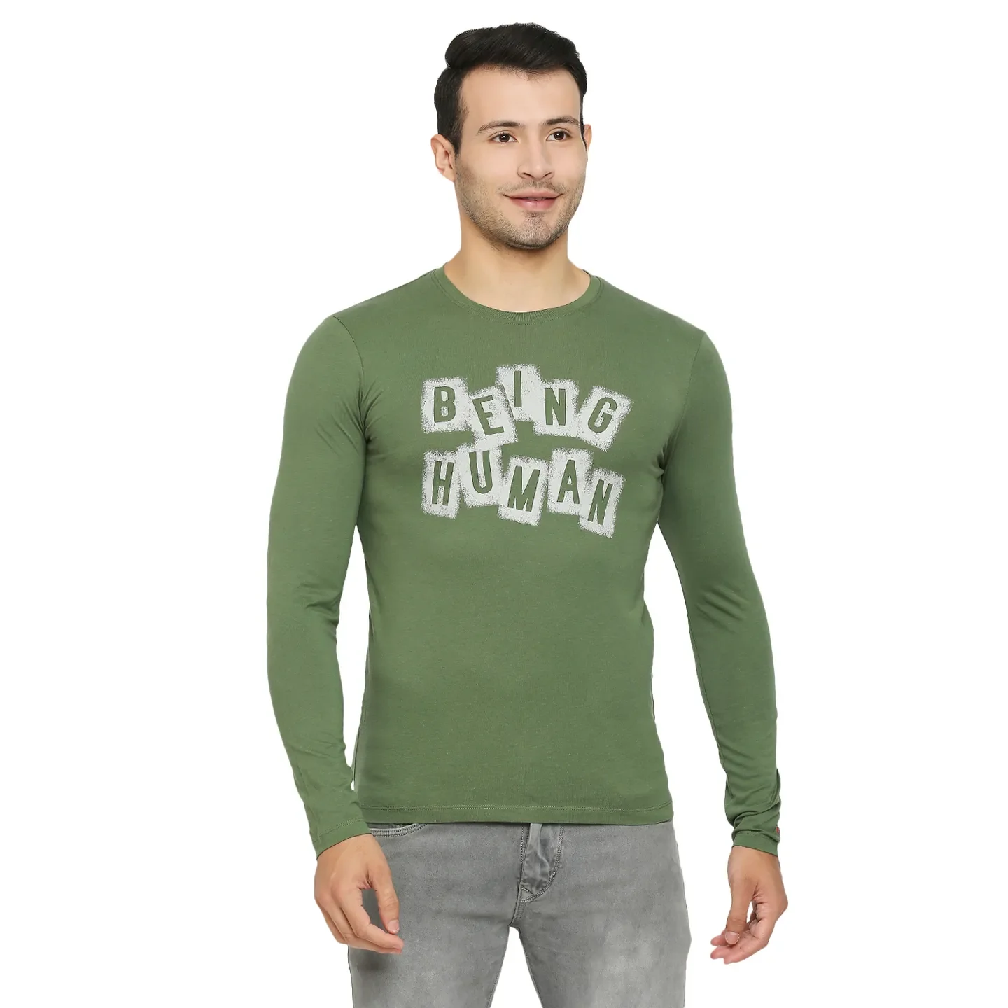 Green Regular Fit Men's Long Sleeves T-Shirt by Being Human Clothing - Image 7