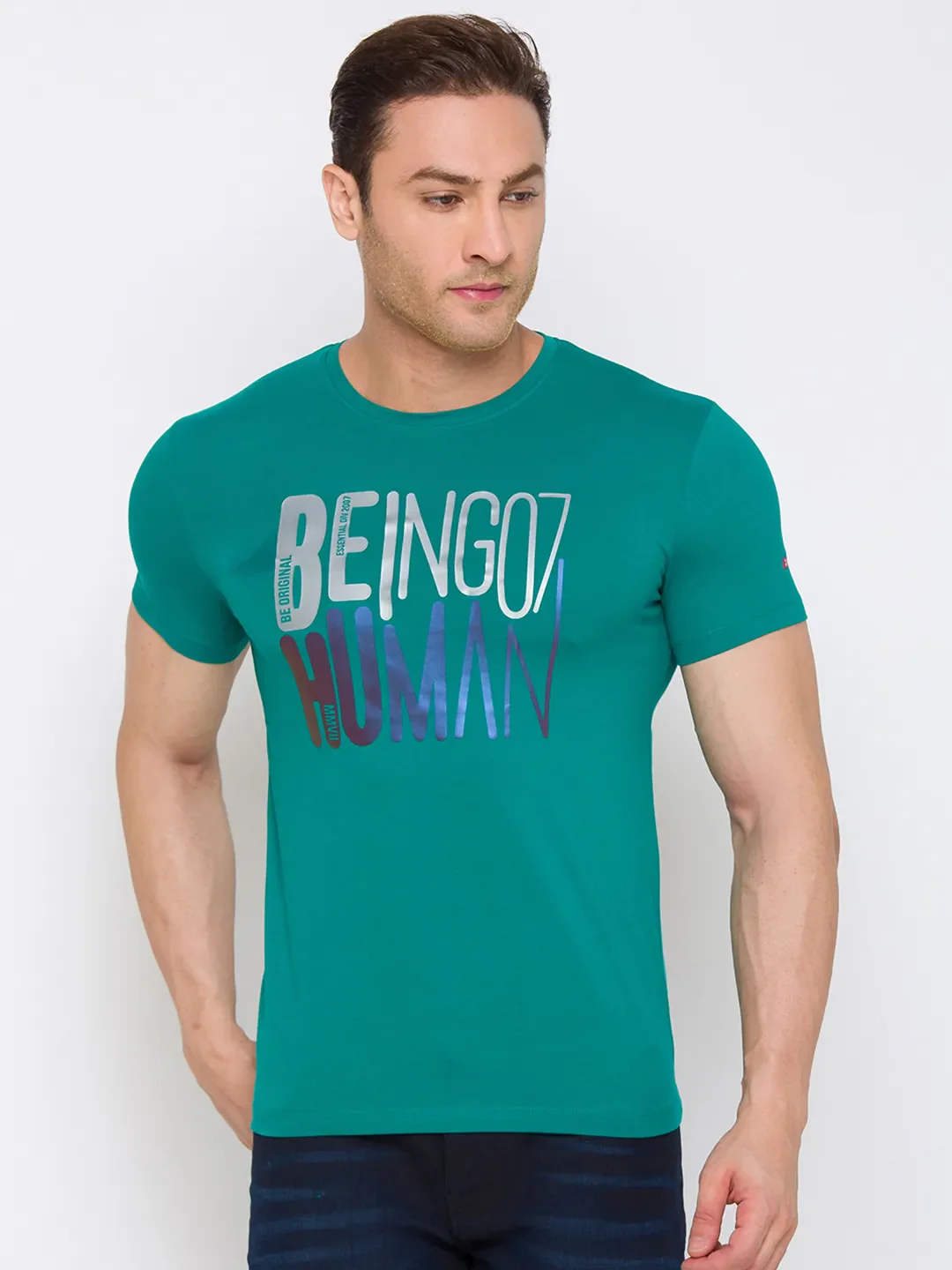 Green Regular Fit Round Neck Men's T-Shirt by Being Human Clothing