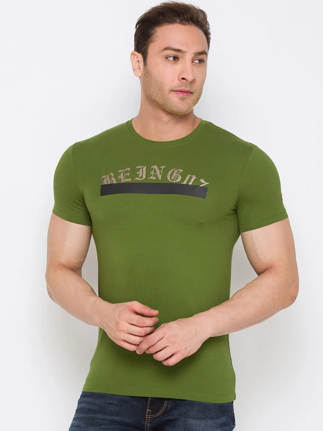 Green Regular Fit Round Neck Men's T-Shirt by Being Human Clothing