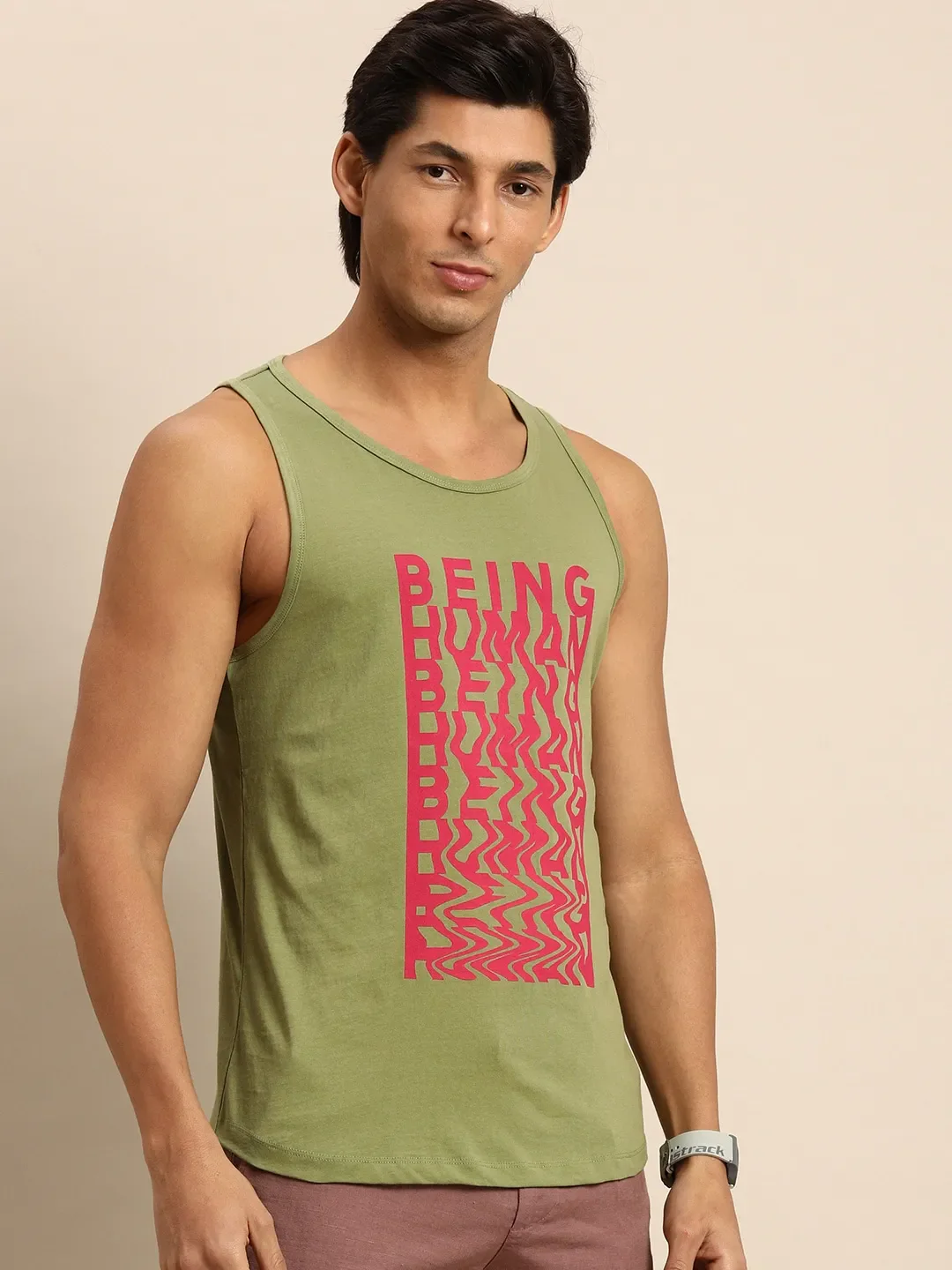 Green Regular Fit Men's Sleevesles T-Shirt by Being Human Clothing - Image 2
