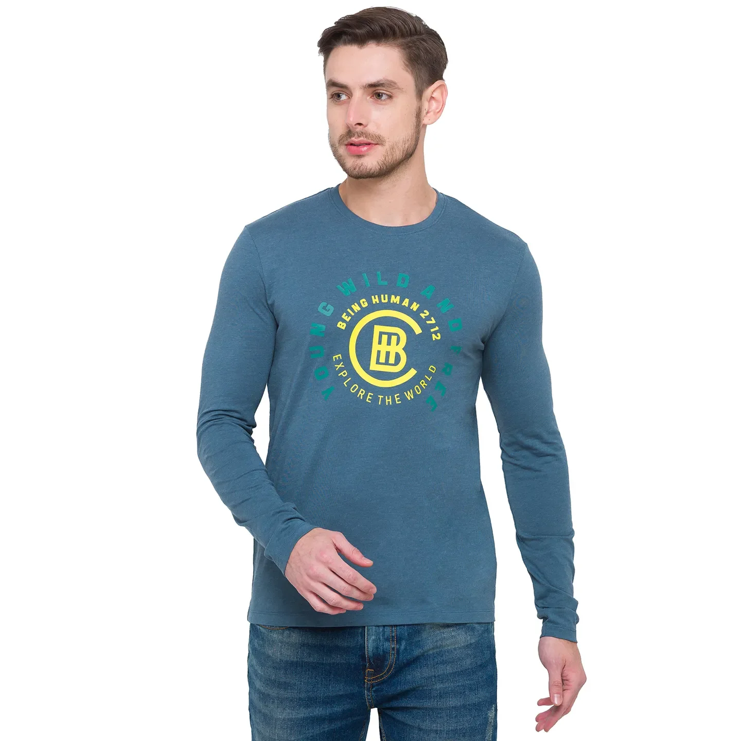 Green Regular Fit Men's Long Sleeves T-Shirt by Being Human Clothing