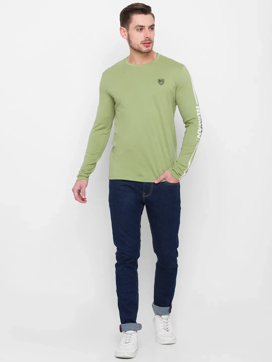 Green Regular Fit Men's Long Sleeves T-Shirt by Being Human Clothing - Image 2