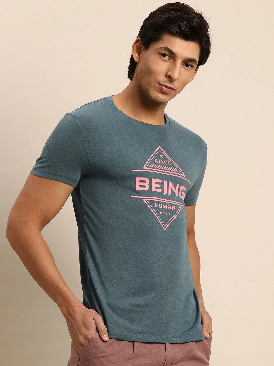 Green Melange Regular Fit Round Neck Men's T-Shirt by Being Human Clothing - Image 2