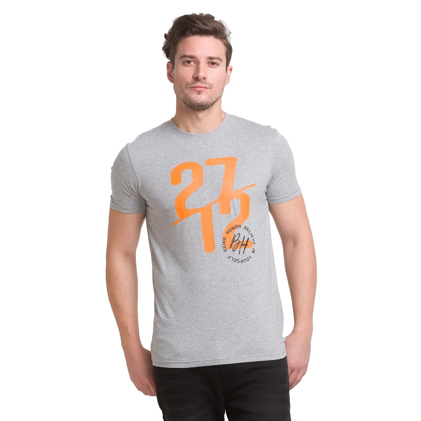 Grey Melange Regular Fit Round Neck Men's T-Shirt by Being Human Clothing