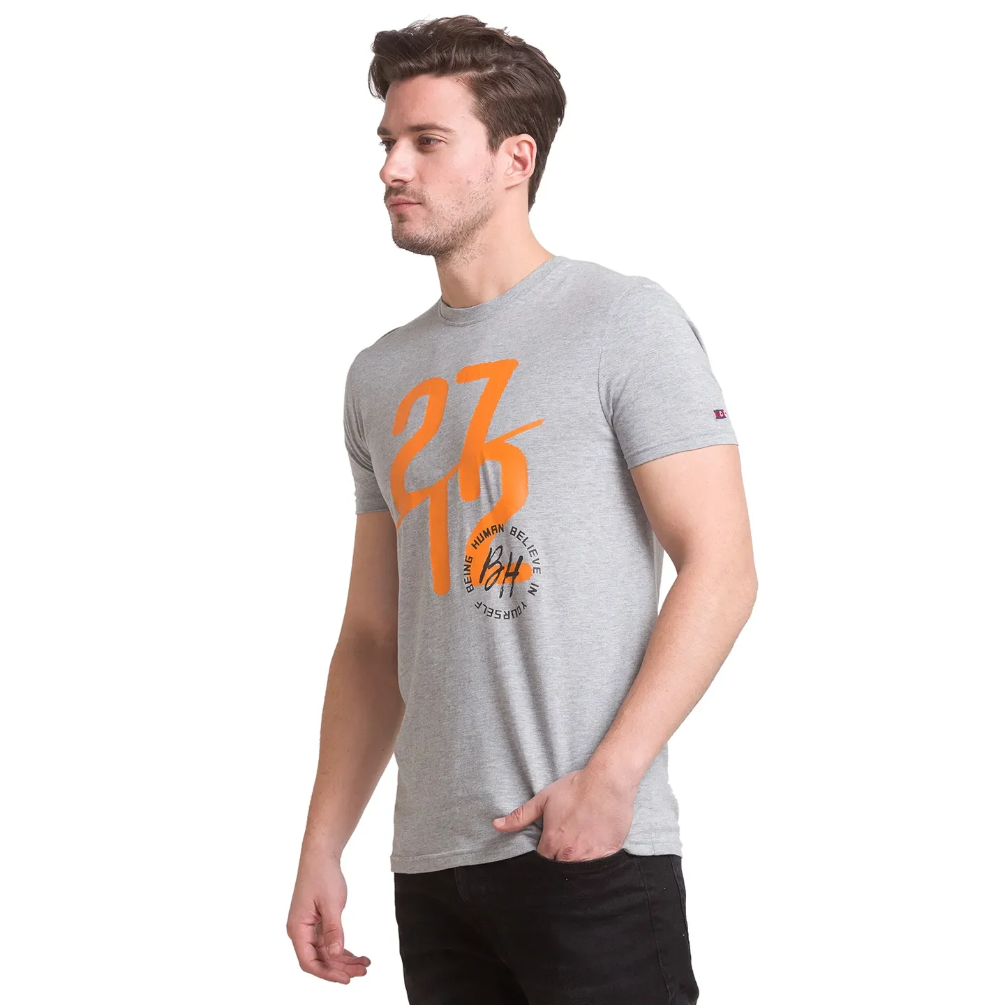 Grey Melange Regular Fit Round Neck Men's T-Shirt by Being Human Clothing - Image 2