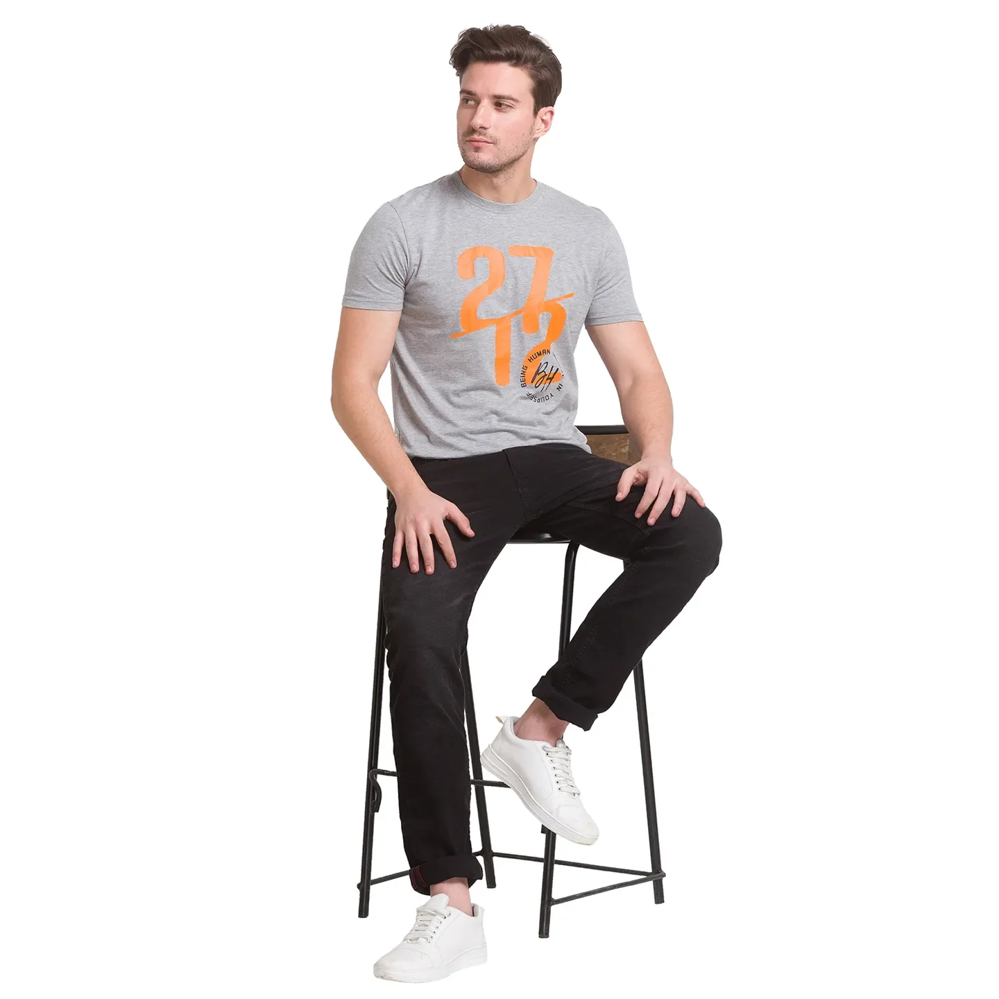 Grey Melange Regular Fit Round Neck Men's T-Shirt by Being Human Clothing - Image 8