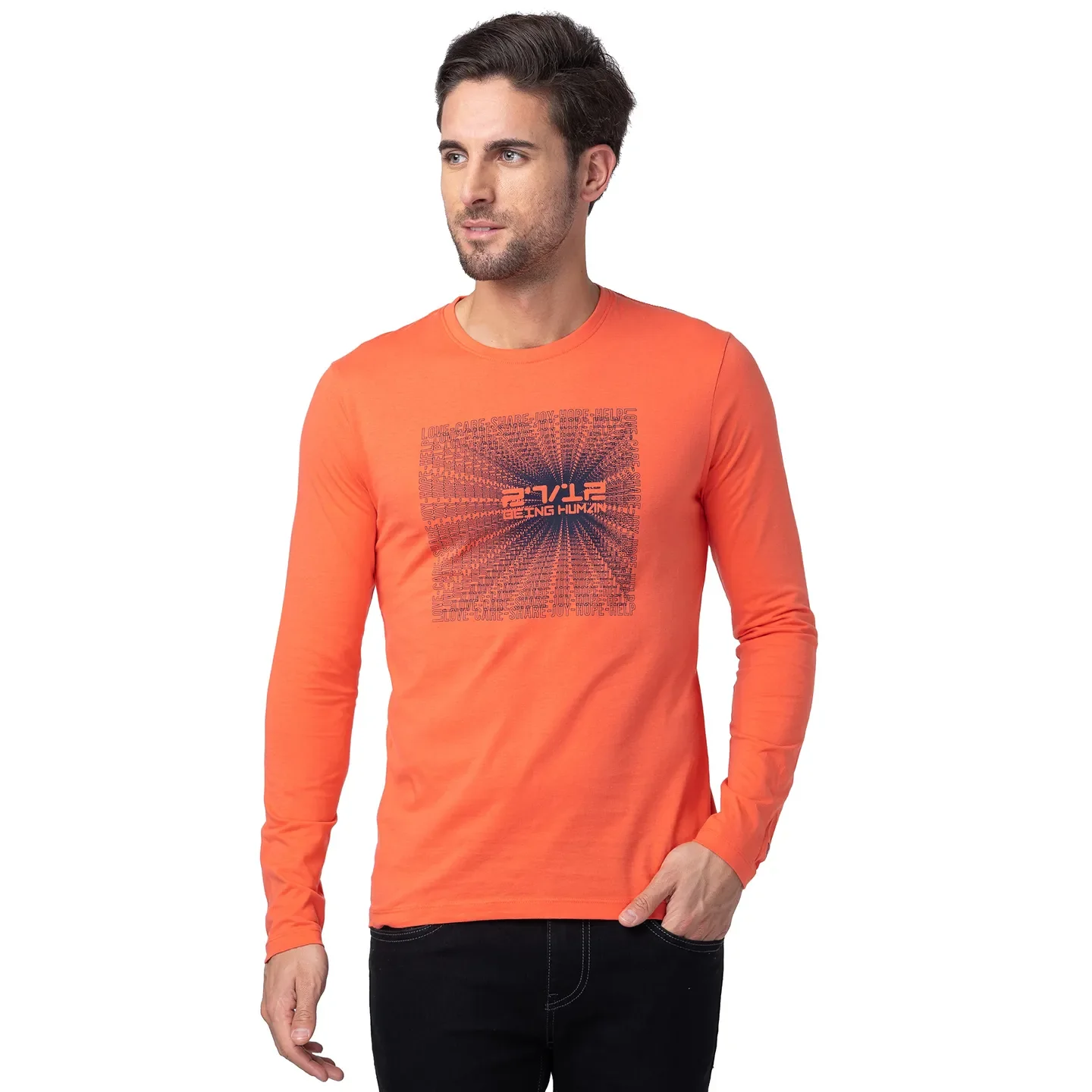 Pink Regular Fit Men's Long Sleeves T-Shirt by Being Human Clothing