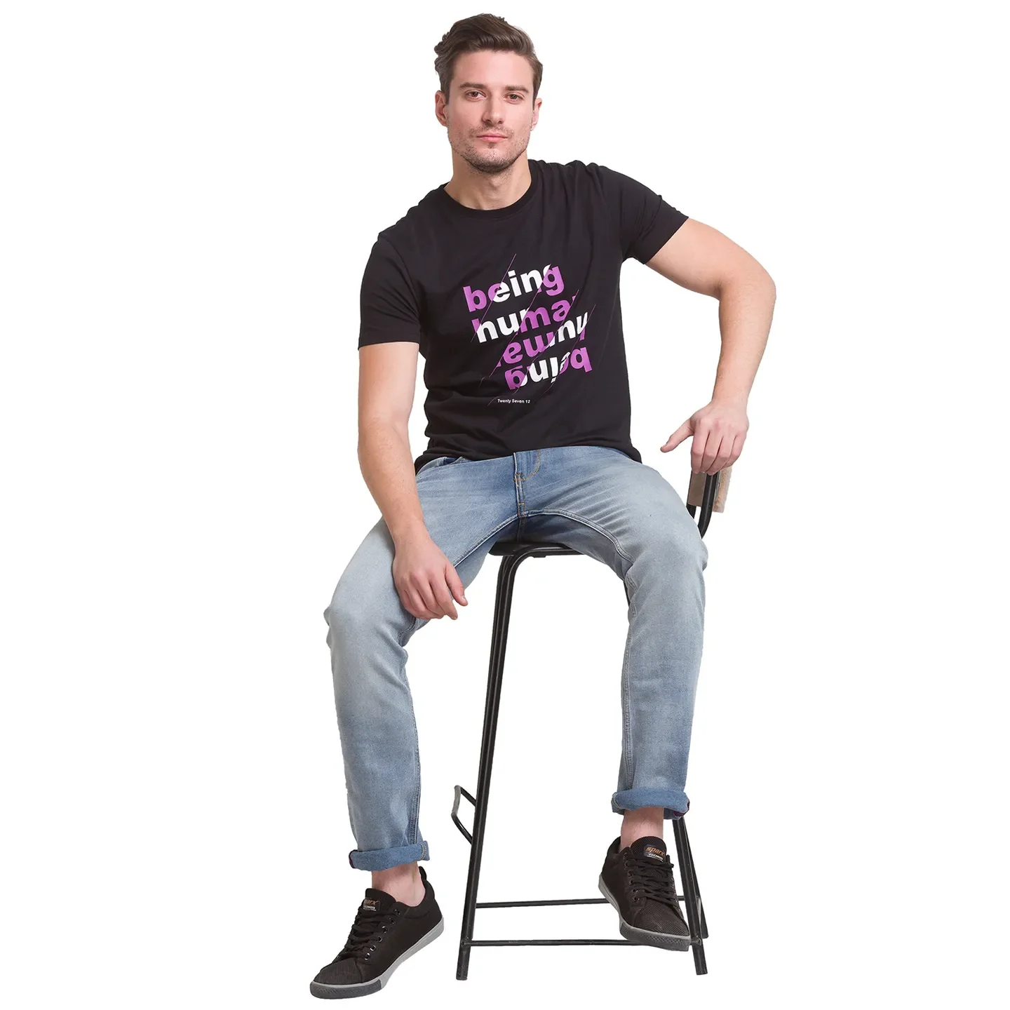 Jet Black Regular Fit Round Neck Mens' T-Shirt by Being Human Clothing - Image 3