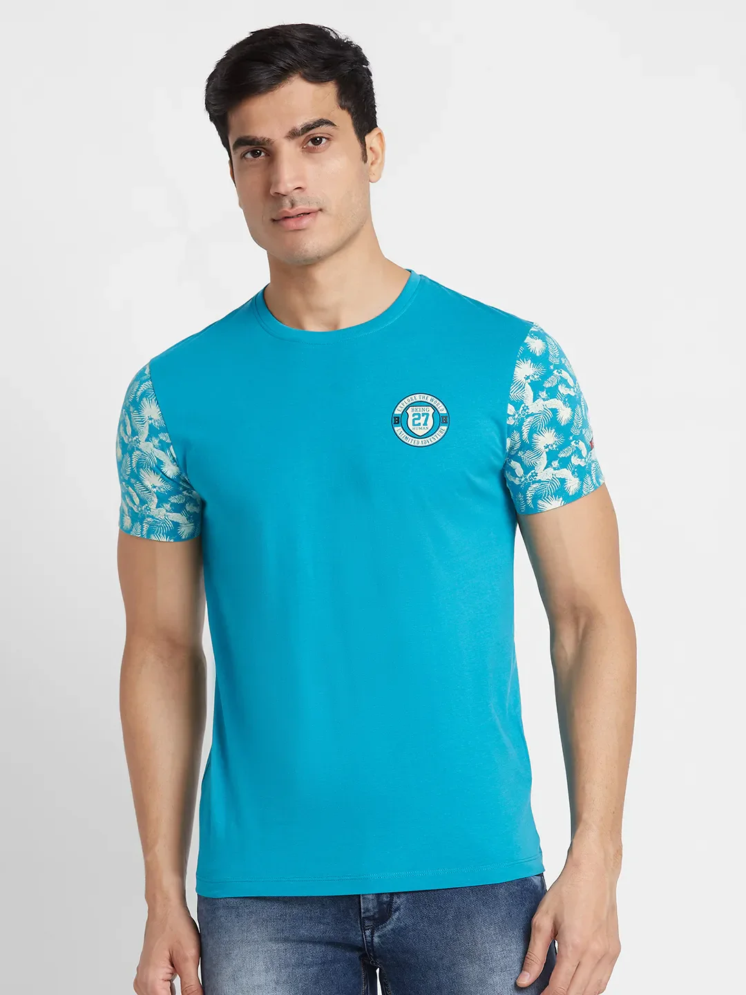 Lake Blue Regular Fit Round Neck Men's T-Shirt by Being Human Clothing