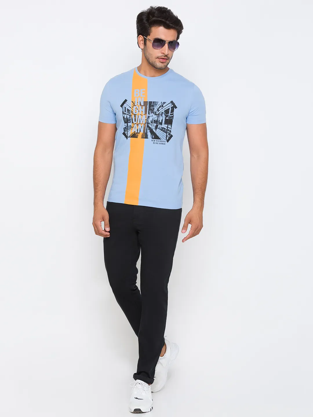 Light Blue Regular Fit Round Neck Men's T-Shirt by Being Human Clothing - Image 6