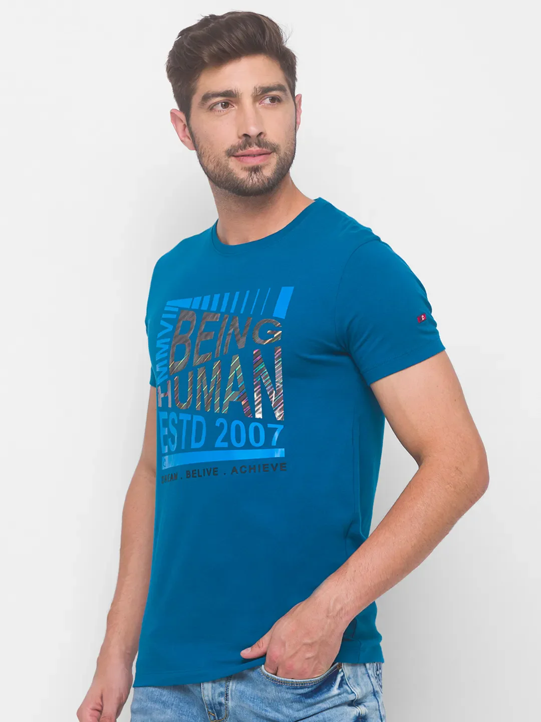Blue Regular Fit Men's Short Sleeves T-Shirt by Being Human Clothing - Image 4