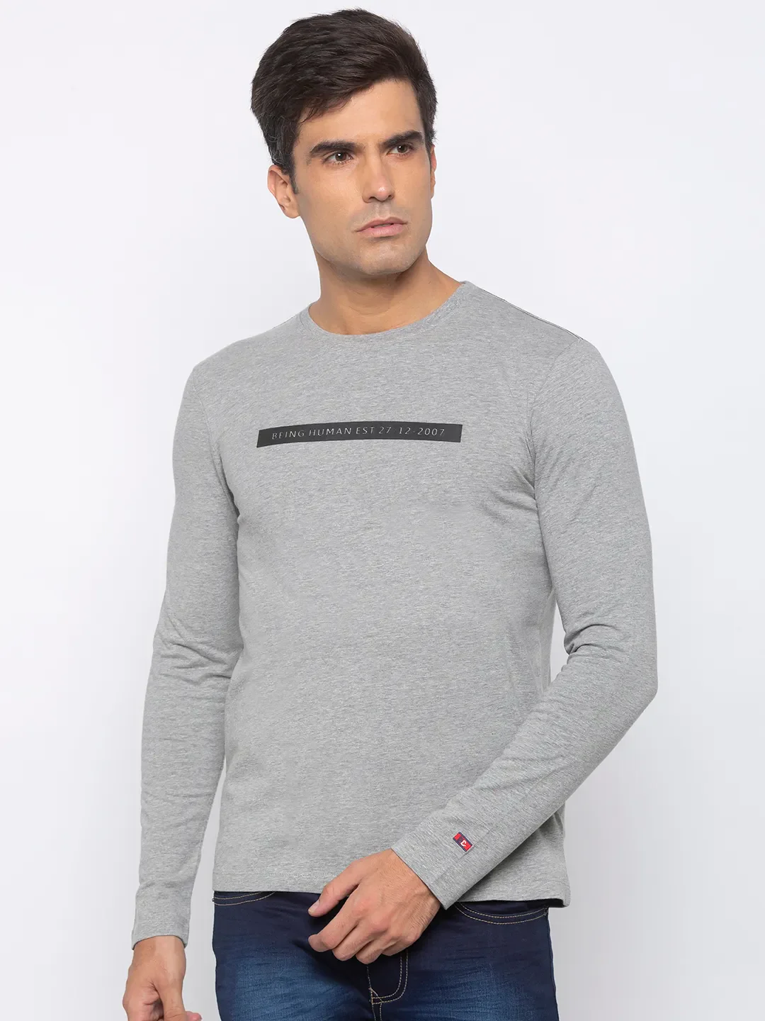 Grey Regular Fit Men's Long Sleeves T-Shirt by Being Human Clothing