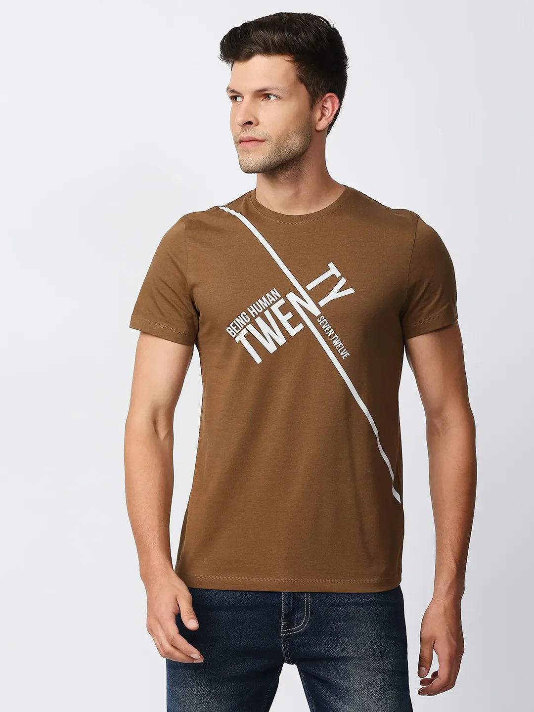 Brown Regular Fit Men's Short Sleeves T-Shirt by Being Human Clothing