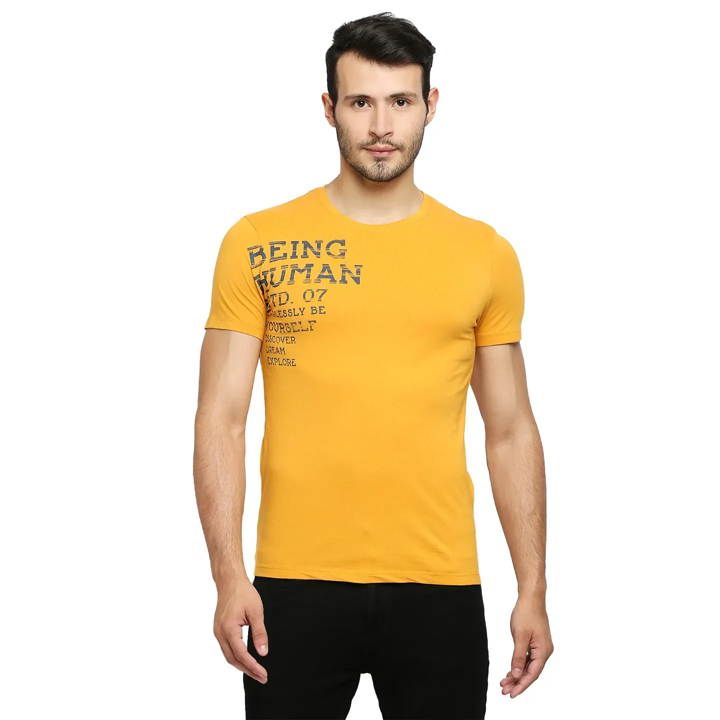 Mustard Regular Fit Round Neck Men's T-Shirt by Being Human Clothing