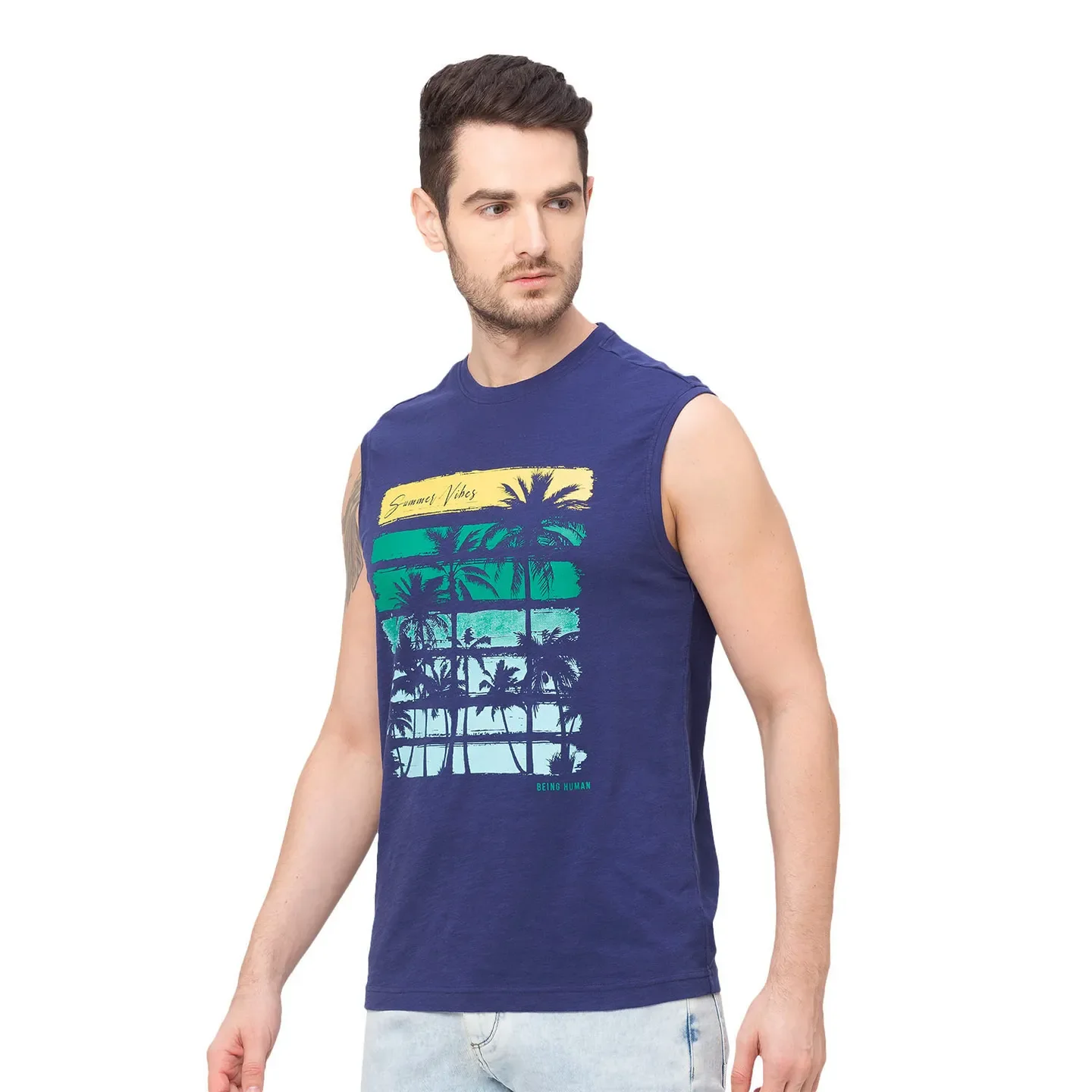 Blue Regular Fit Men's Sleevesles T-Shirt by Being Human Clothing - Image 4