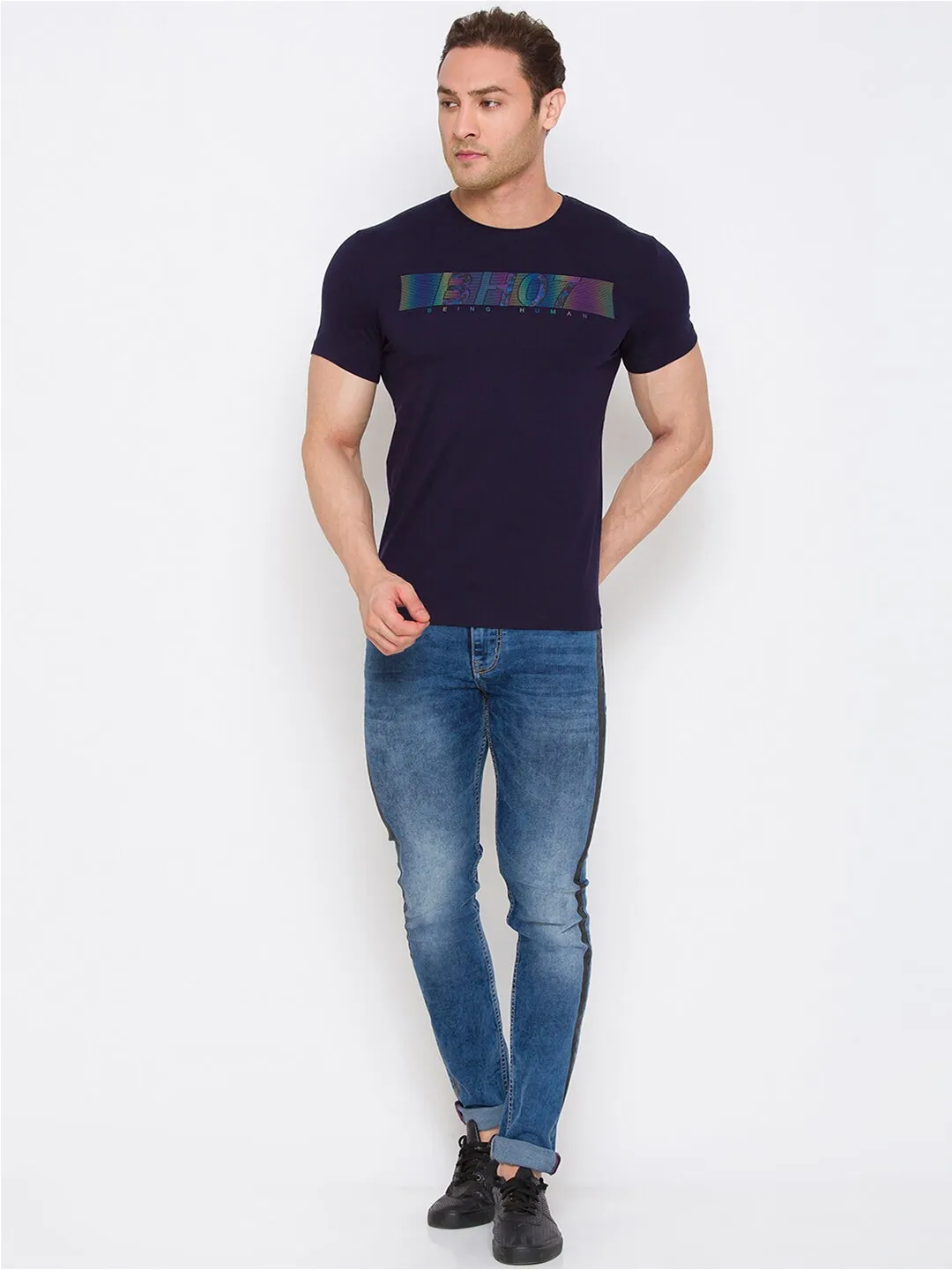 Blue Regular Fit Men's Short Sleeves T-Shirt by Being Human Clothing - Image 5