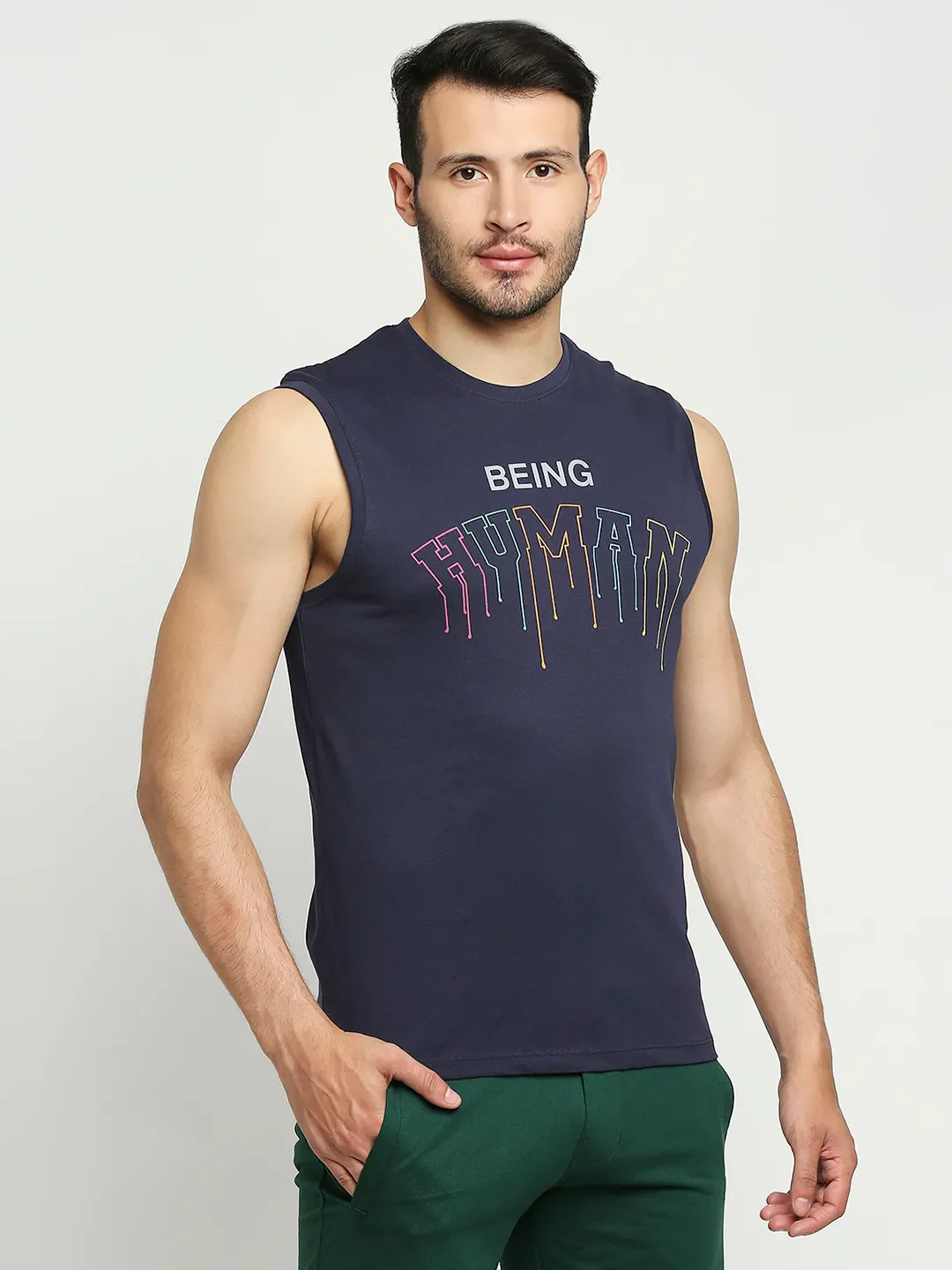 Blue Regular Fit Men's Sleevesles T-Shirt by Being Human Clothing - Image 4