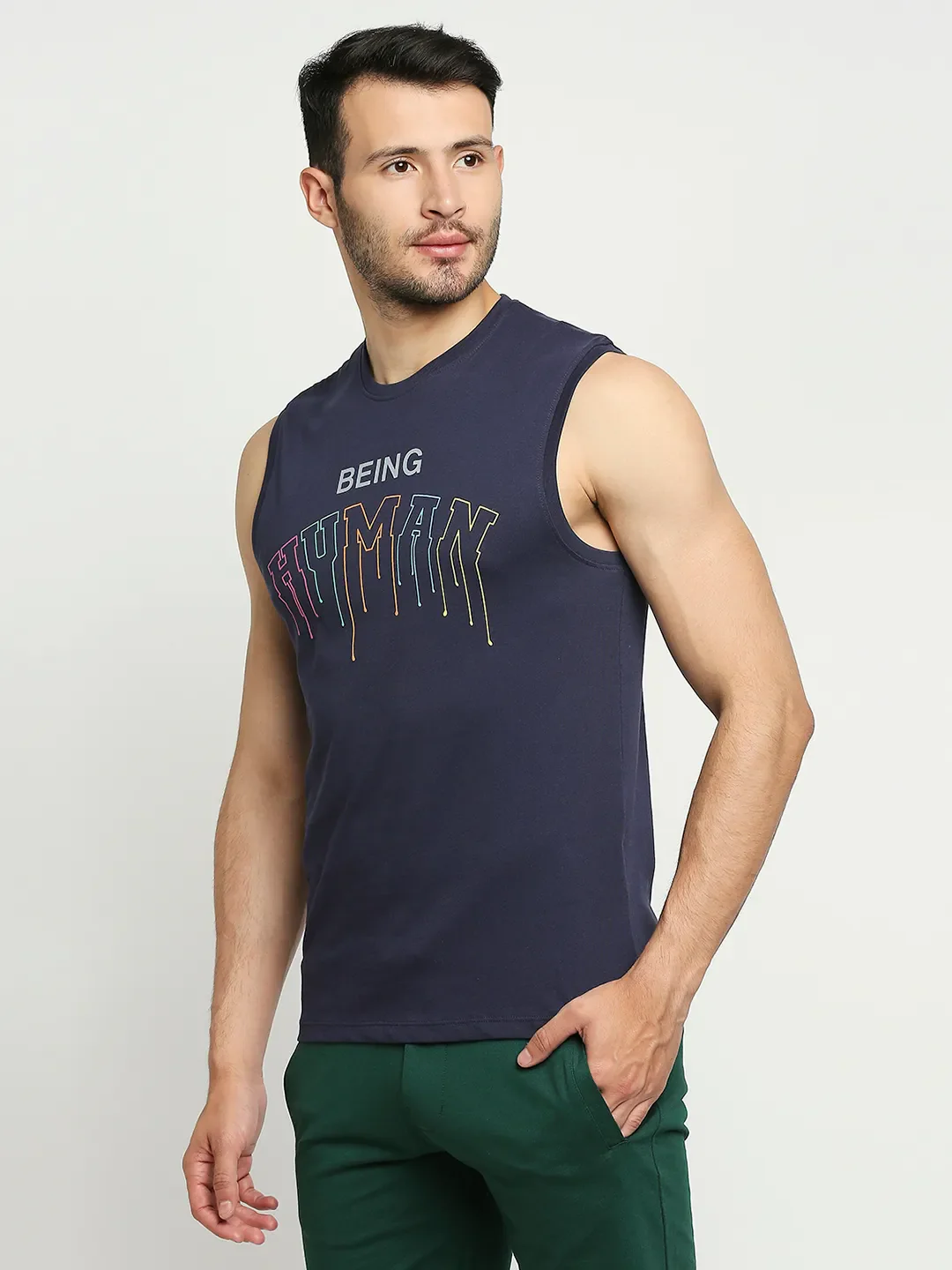 Blue Regular Fit Men's Sleevesles T-Shirt by Being Human Clothing - Image 5