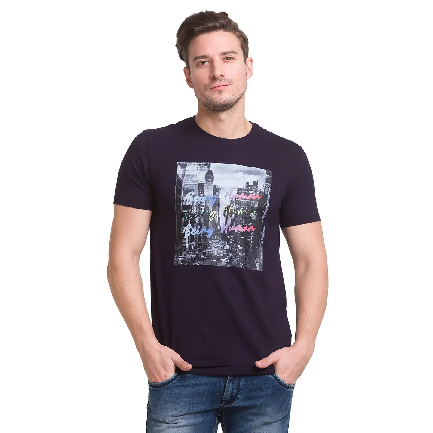 Navy Regular Fit Round Neck Men's T-Shirt by Being Human Clothing - Image 7