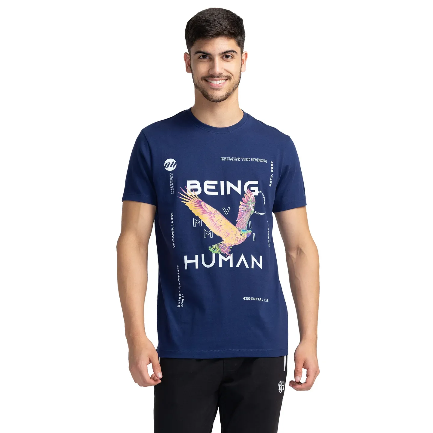 Navy Regular Fit Round Neck Men's T-Shirt by Being Human Clothing