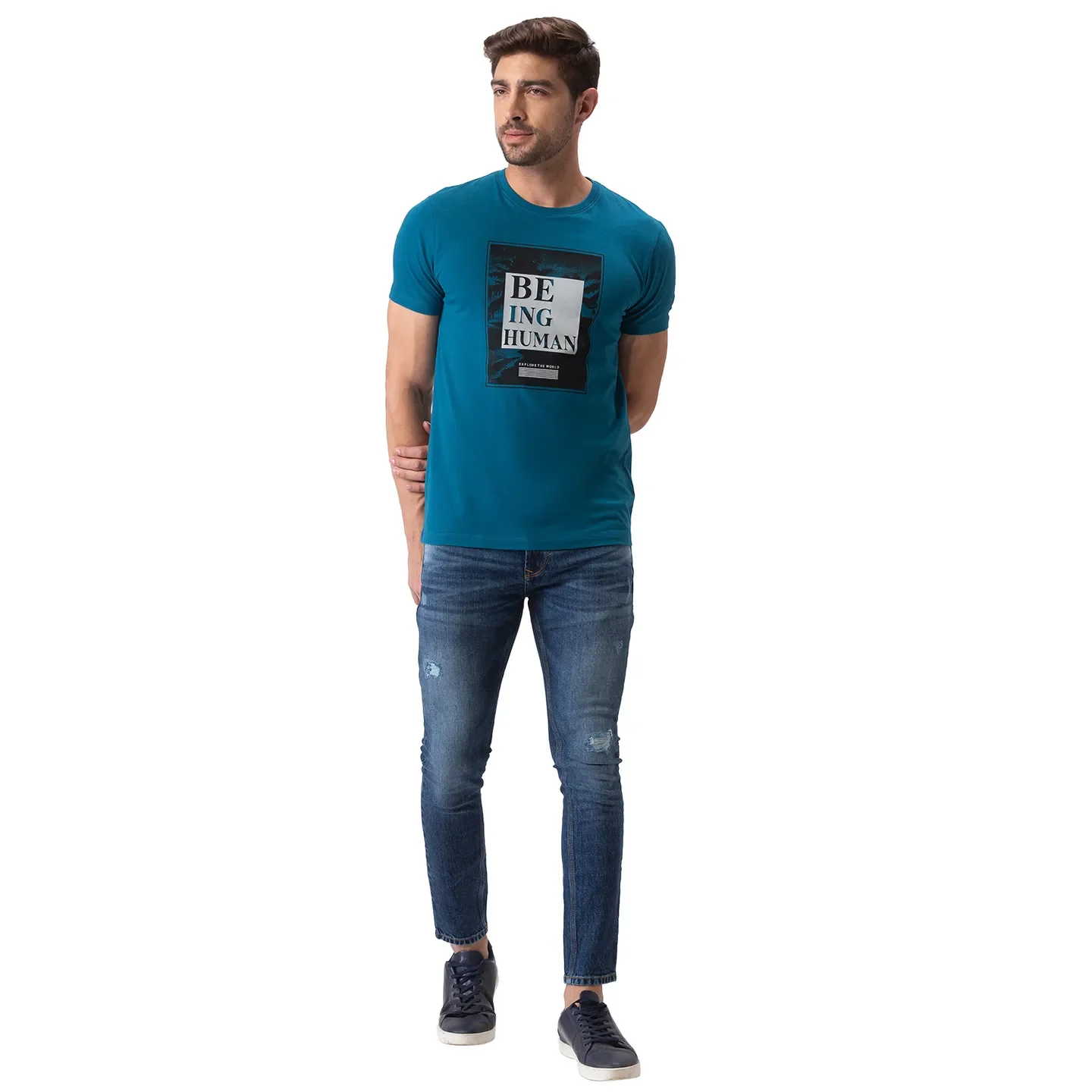Blue Regular Fit Men's Short Sleeves T-Shirt by Being Human Clothing - Image 5
