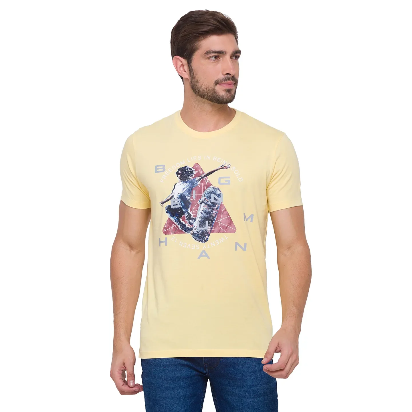 Pale Yellow Regular Fit Round Neck Men's T-Shirt by Being Human Clothing