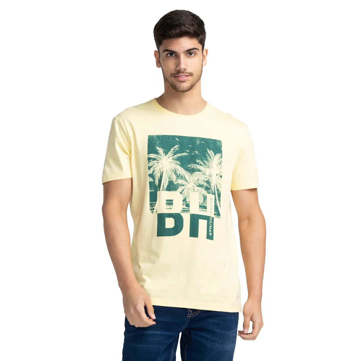 Pale Yellow Regular Fit Round Neck Men's T-Shirt by Being Human Clothing