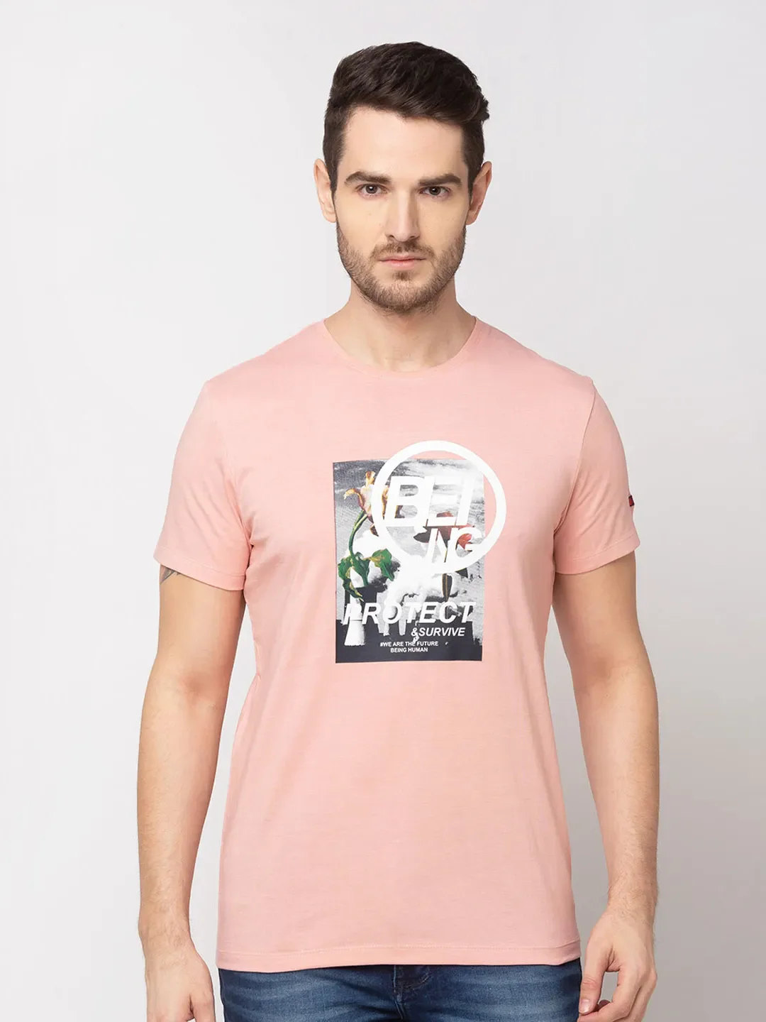 Pink Regular Fit Round Neck Men's T-Shirt by Being Human Clothing