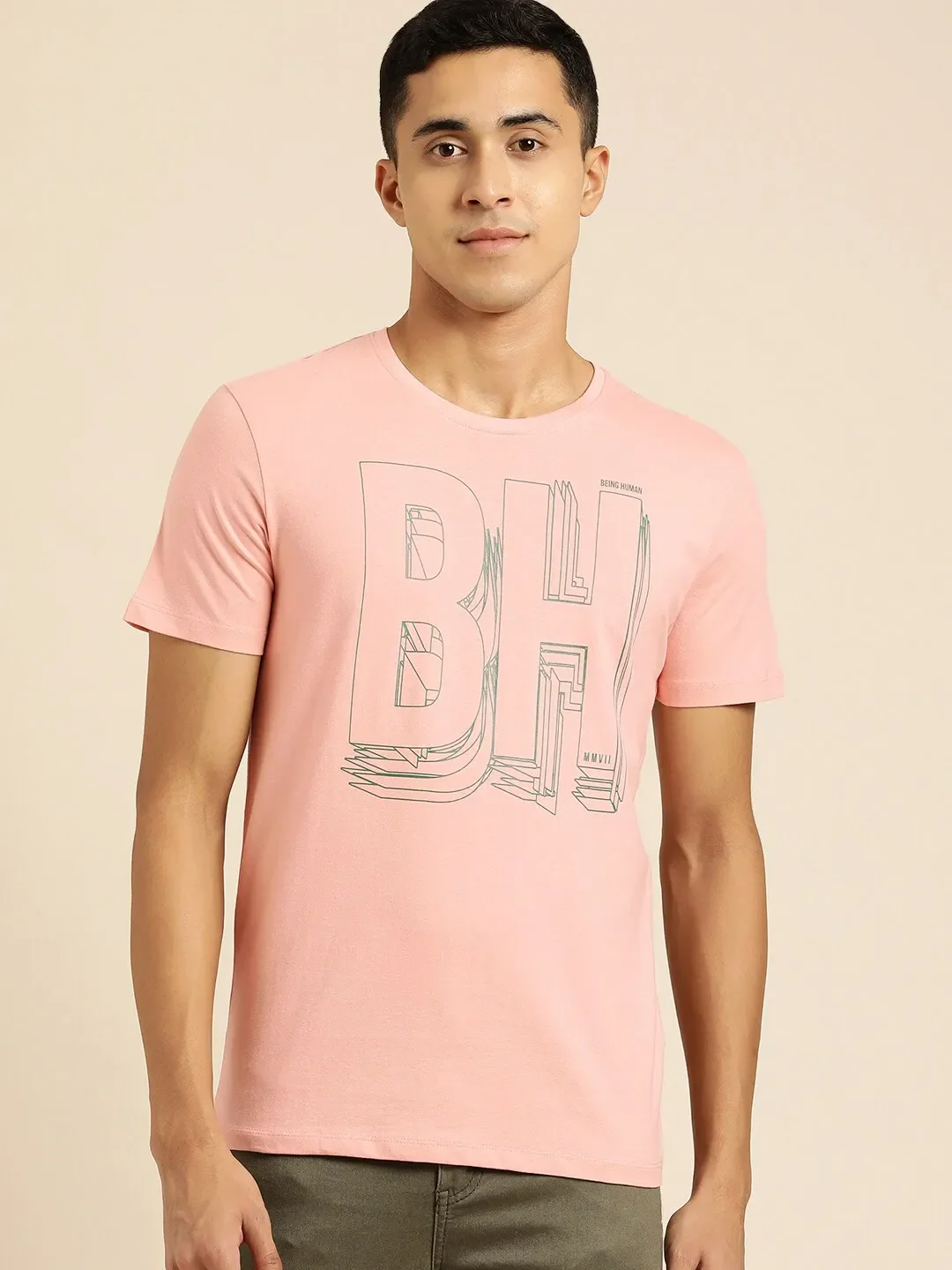 Pink Regular Fit Men's Short Sleeves T-Shirt by Being Human Clothing