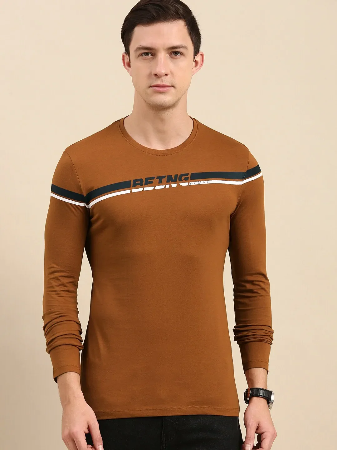Brown Regular Fit Men's Long Sleeves T-Shirt by Being Human Clothing