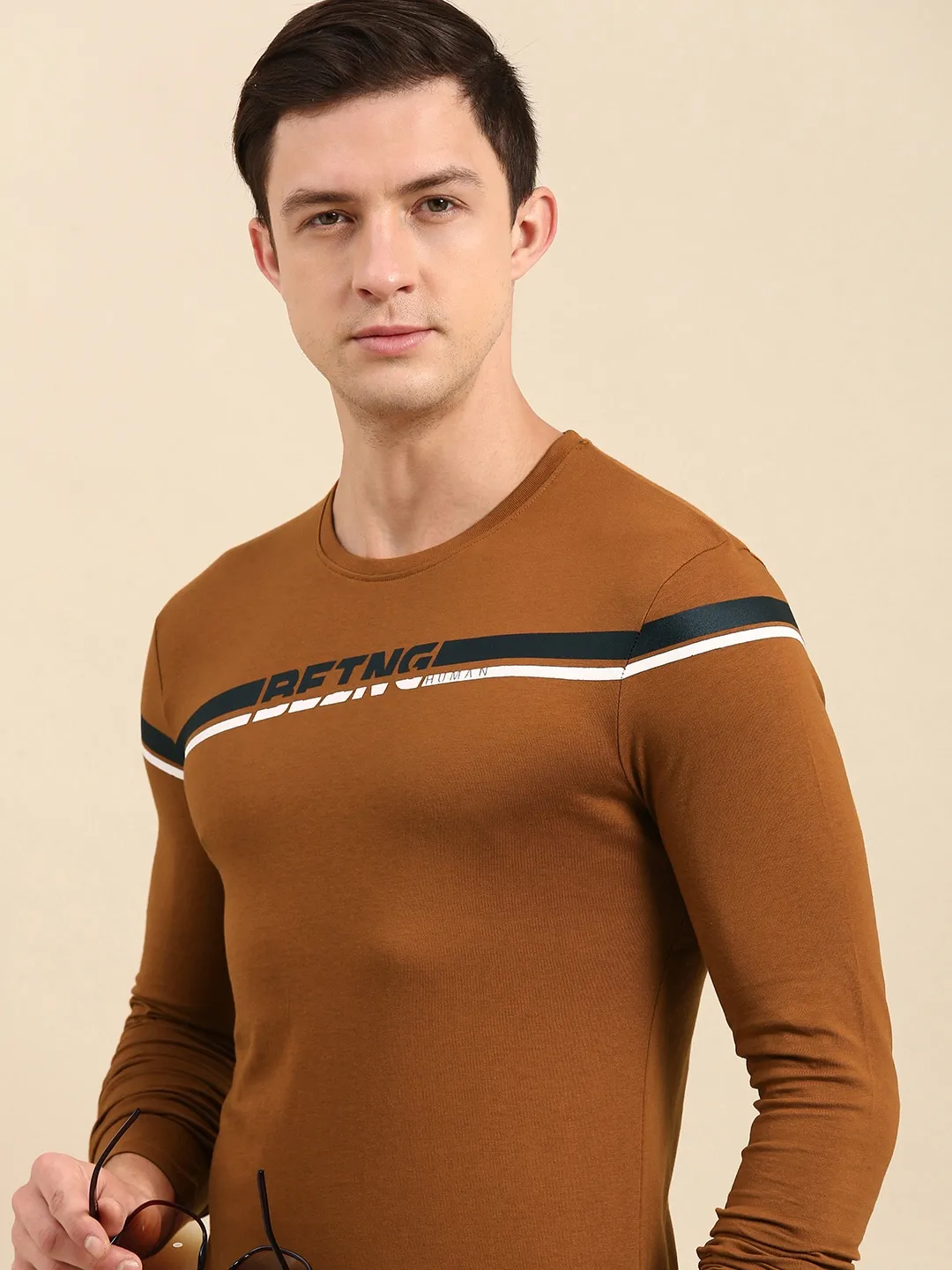 Brown Regular Fit Men's Long Sleeves T-Shirt by Being Human Clothing - Image 2