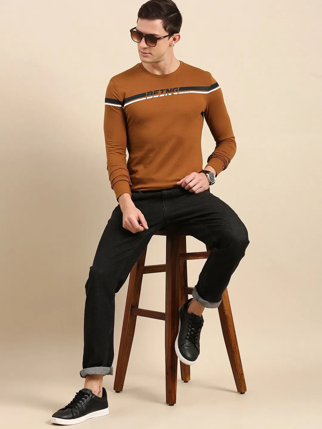 Brown Regular Fit Men's Long Sleeves T-Shirt by Being Human Clothing - Image 5