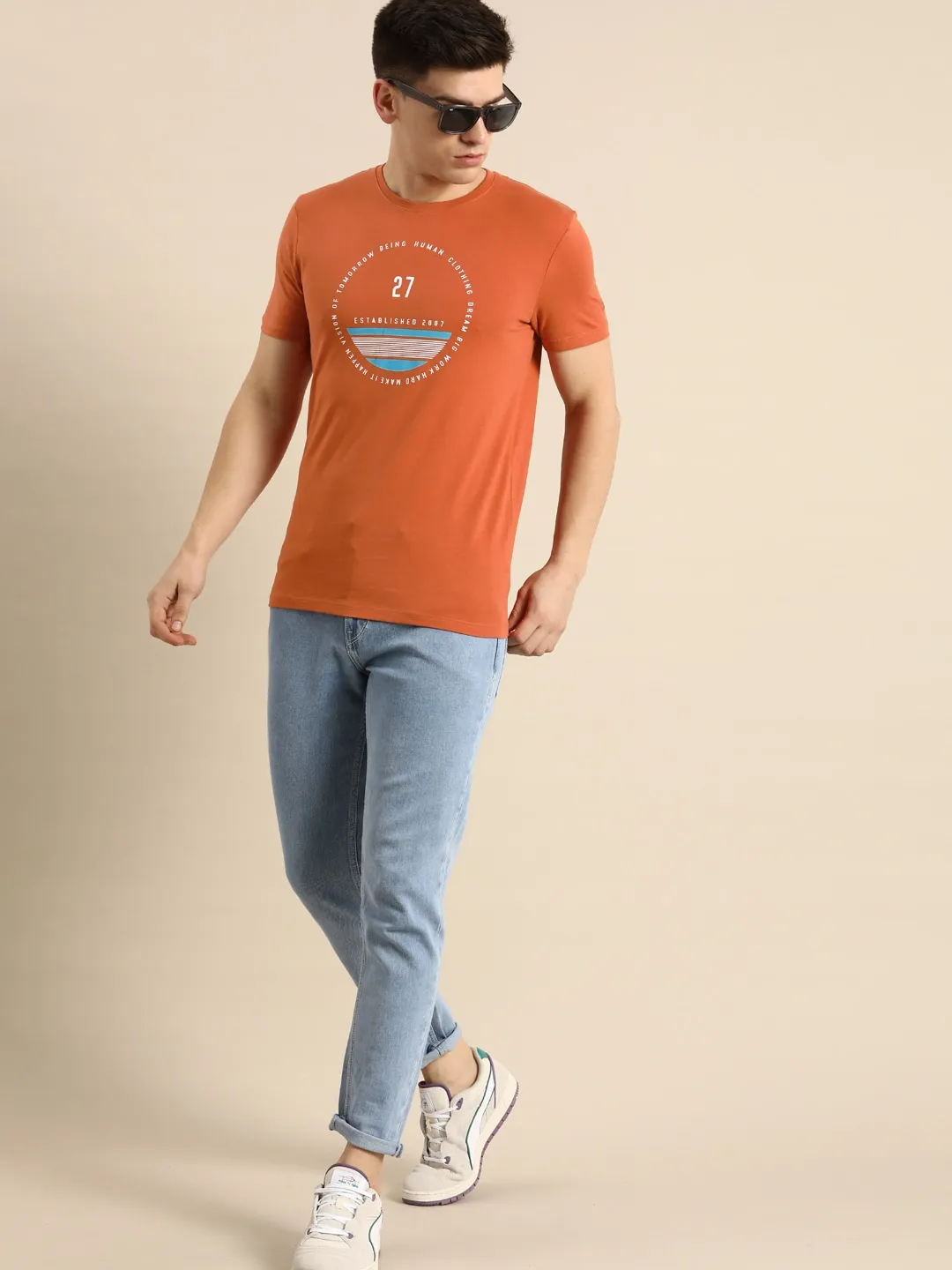 Beige Regular Fit Men's Short Sleeves T-Shirt by Being Human Clothing - Image 5