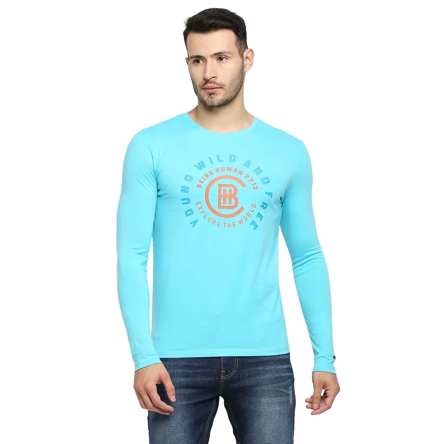 Blue Regular Fit Men's Long Sleeves T-Shirt by Being Human Clothing