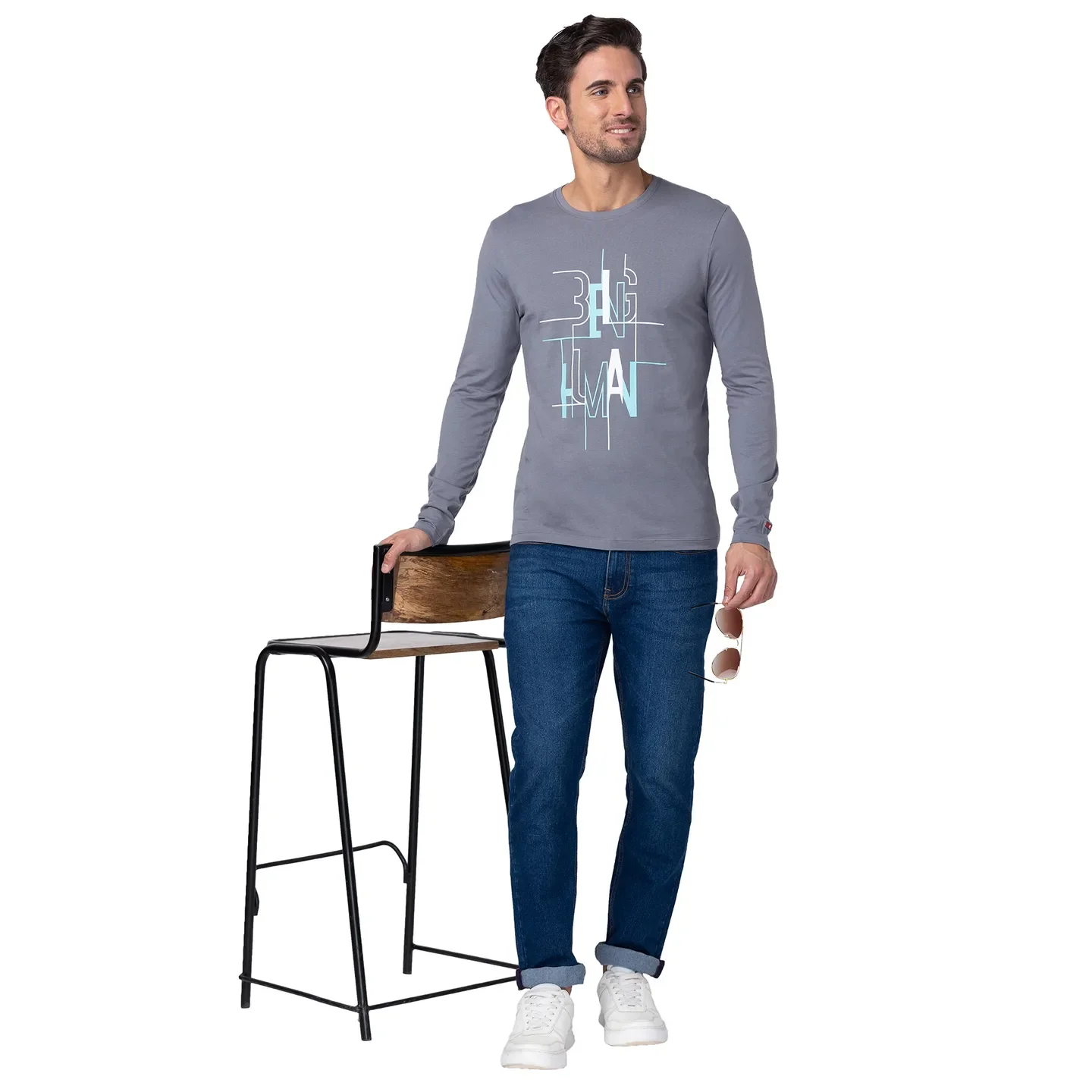 Grey Regular Fit Men's Long Sleeves T-Shirt by Being Human Clothing - Image 6