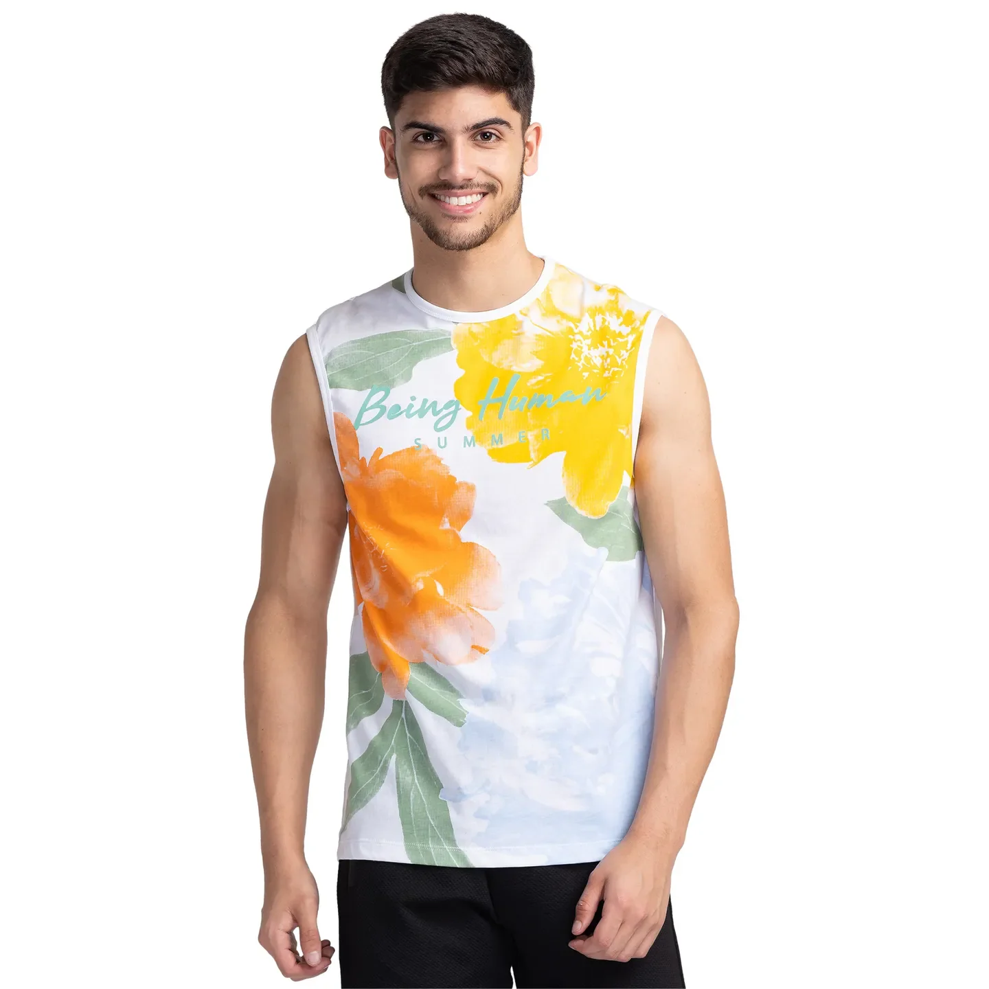 White Regular Fit Men's Sleevesles T-Shirt by Being Human Clothing