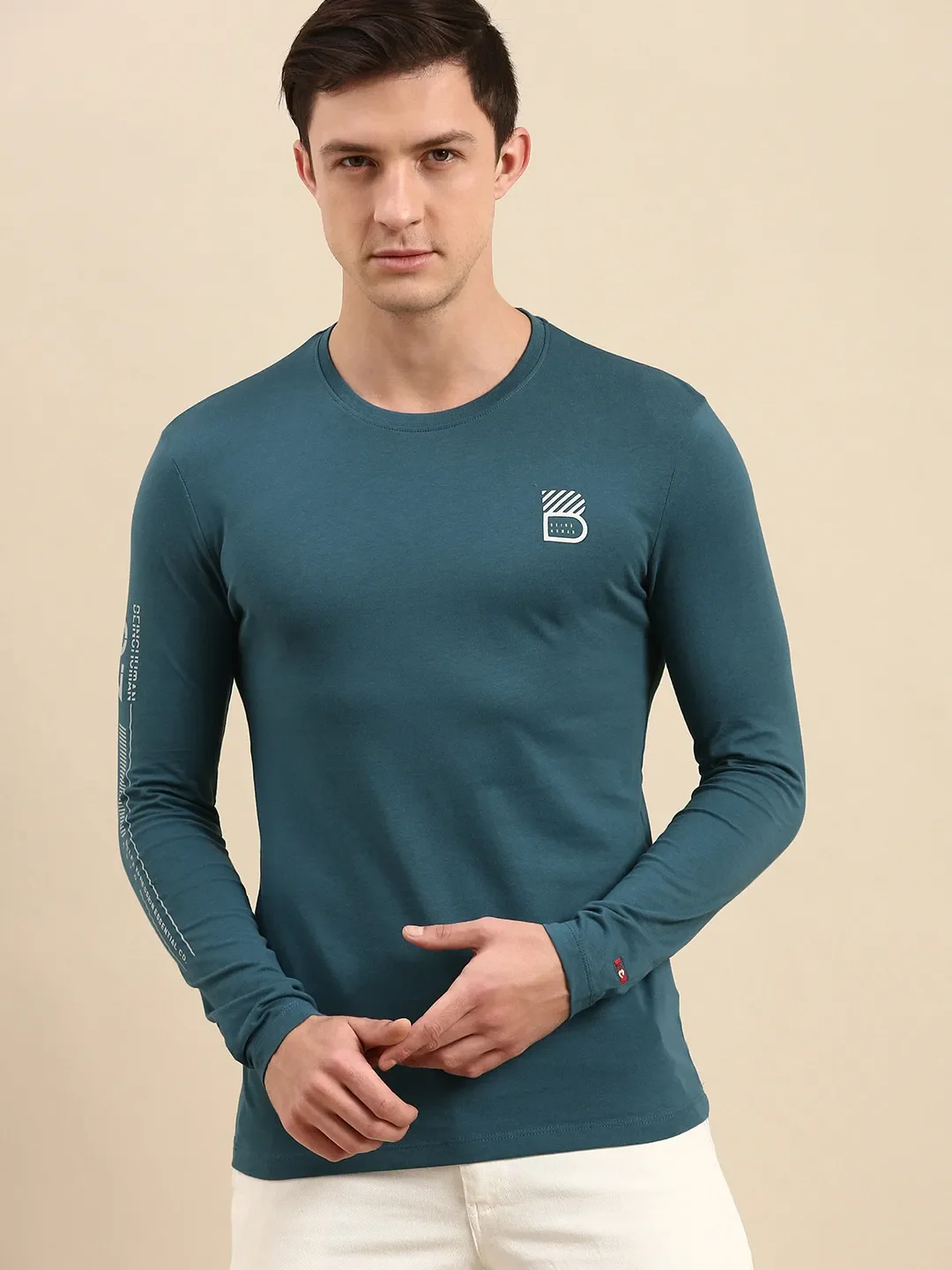Teal Regular Fit Men's Long Sleeves T-Shirt by Being Human Clothing