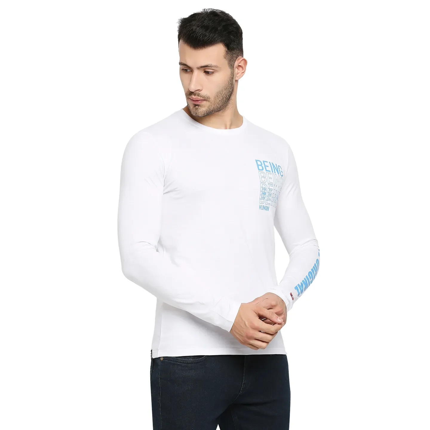 White Regular Fit Men's Long Sleeves T-Shirt by Being Human Clothing - Image 3