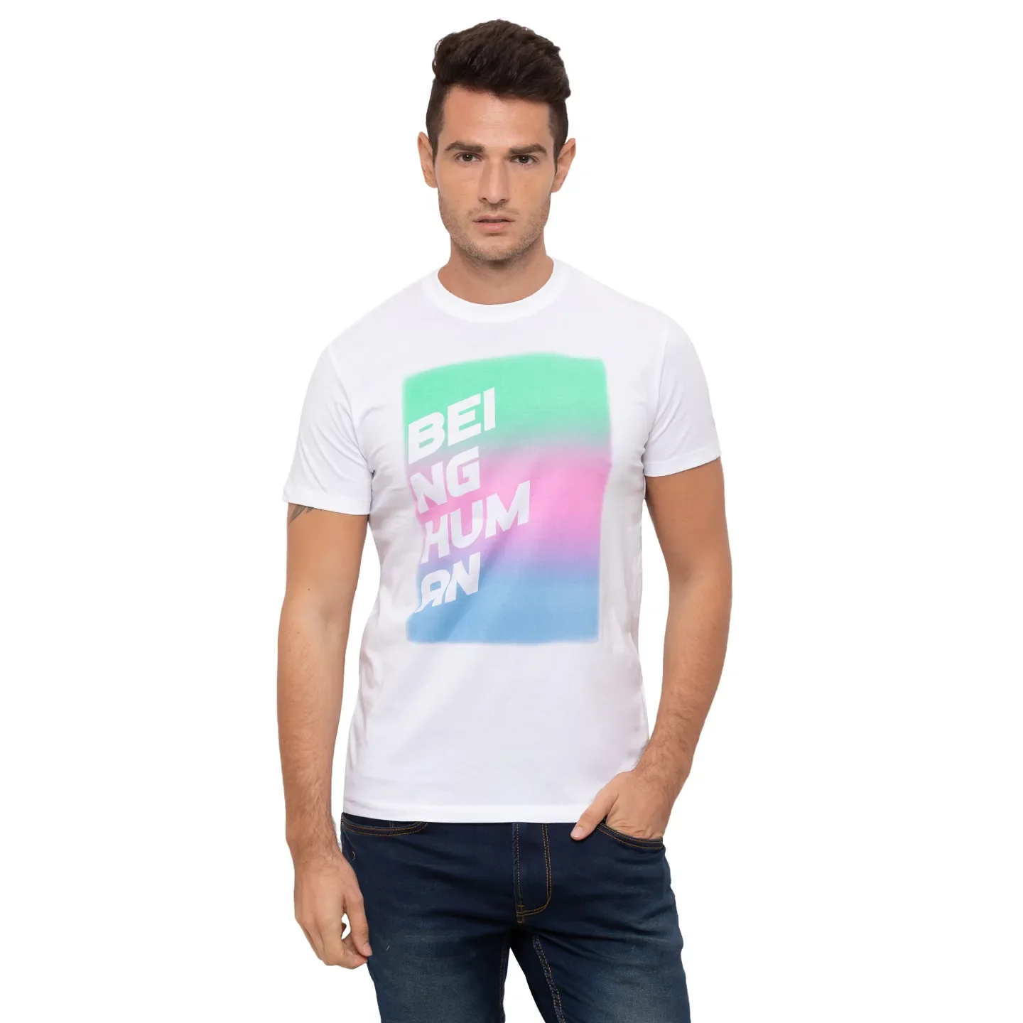 White Regular Fit Men's Short Sleeves T-Shirt by Being Human Clothing
