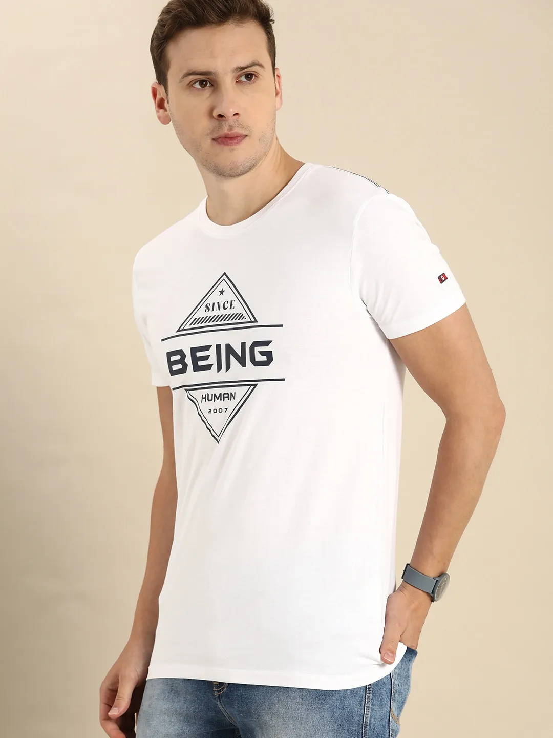 White Regular Fit Men's Short Sleeves T-Shirt by Being Human Clothing