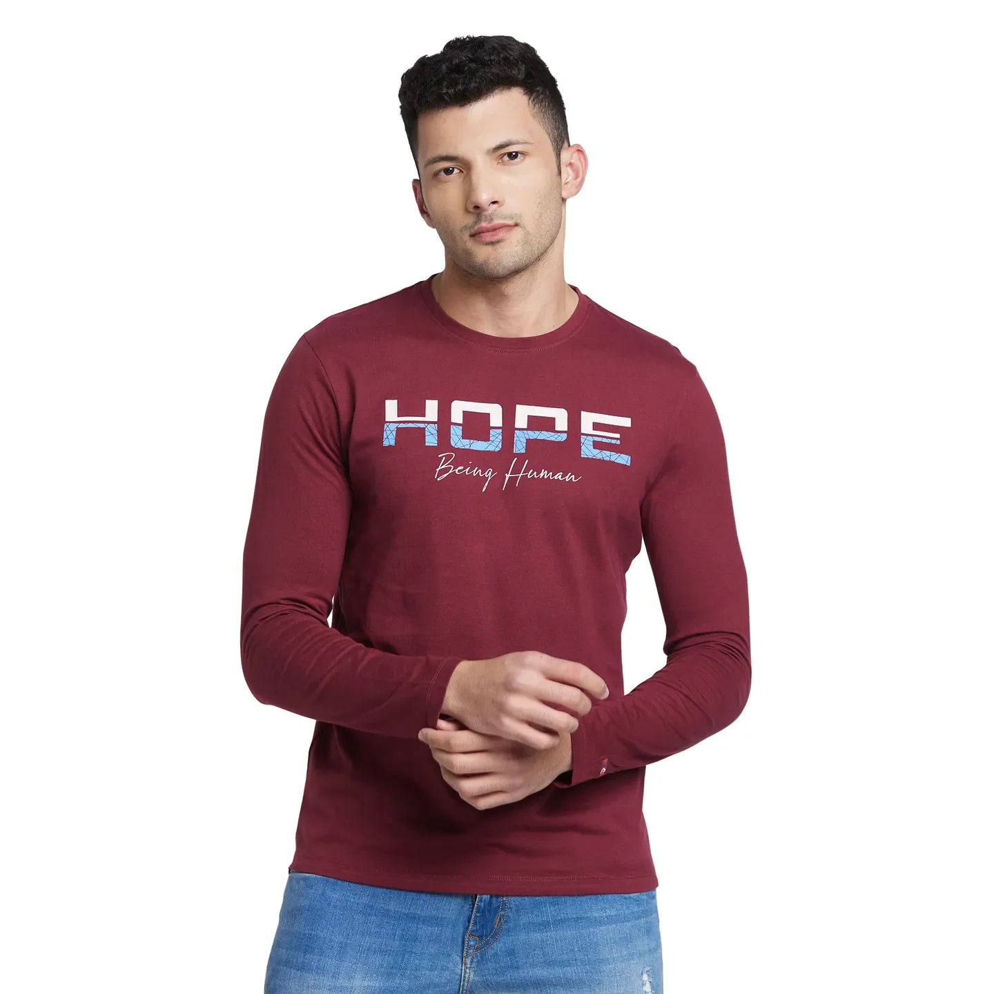 Red Regular Fit Men's Long Sleeves T-Shirt by Being Human Clothing