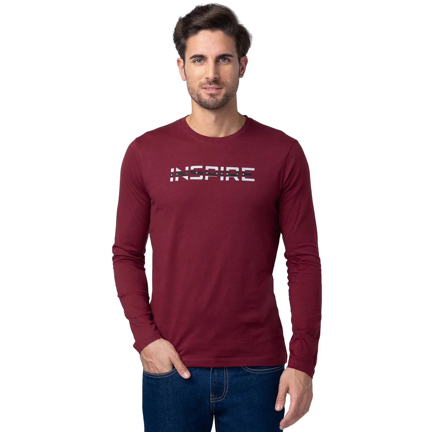 Red Regular Fit Men's Long Sleeves T-Shirt by Being Human Clothing