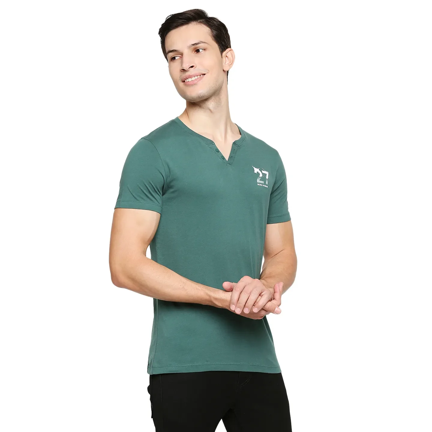 Bottle Green Regular Fit Henley Neck Men's T-Shirt by Being Human Clothing - Image 3