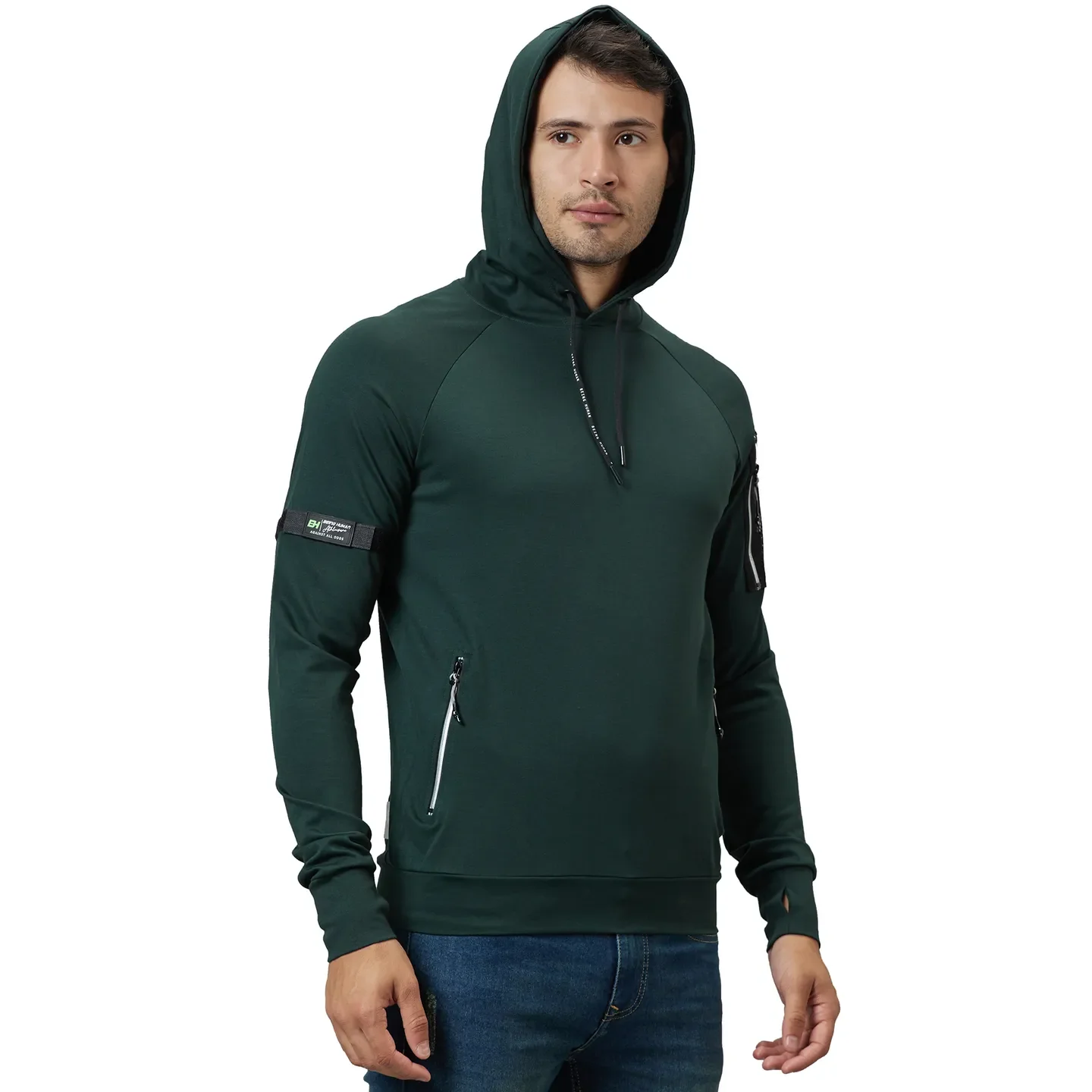 Green Regular Fit  Long Sleeves Rayon And Nylon Men's Hoodie by Being Human Clothing - Image 4