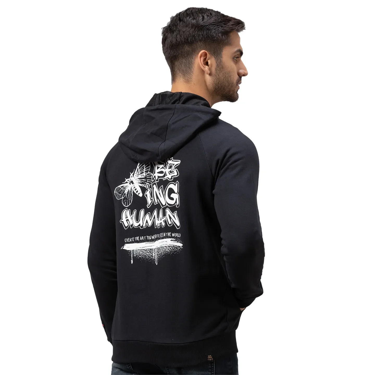 Black Regular Fit  Long Sleeves Cotton Men's Hoodie by Being Human Clothing - Image 3